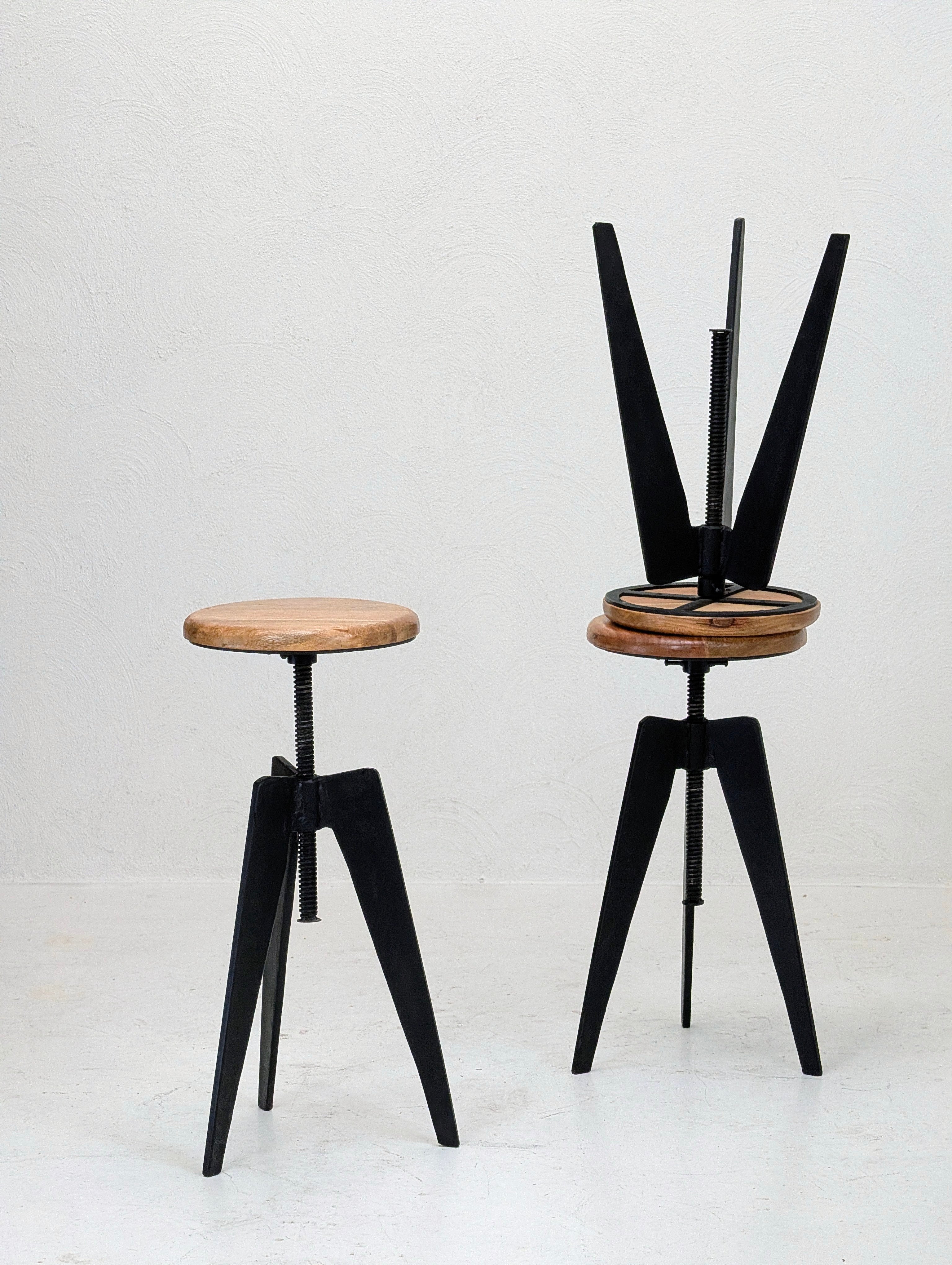 Industrial Adjustable Tripod Stools in Solid Oak and Steel