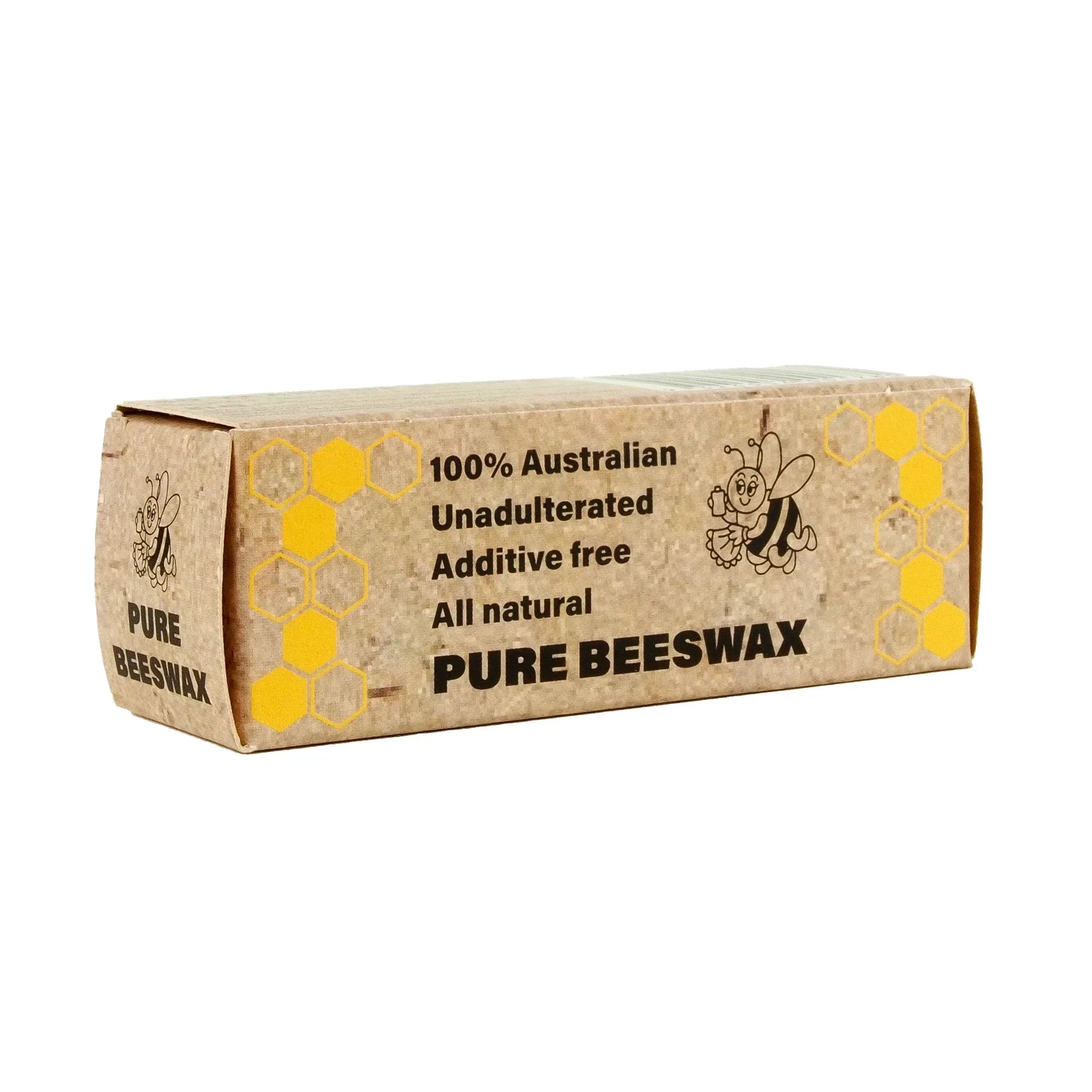 Box of pure Australian beeswax with honeycomb design and bee illustration on packaging