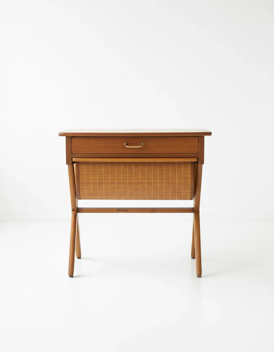 Mid-century modern wooden side table with drawer and woven front in white room