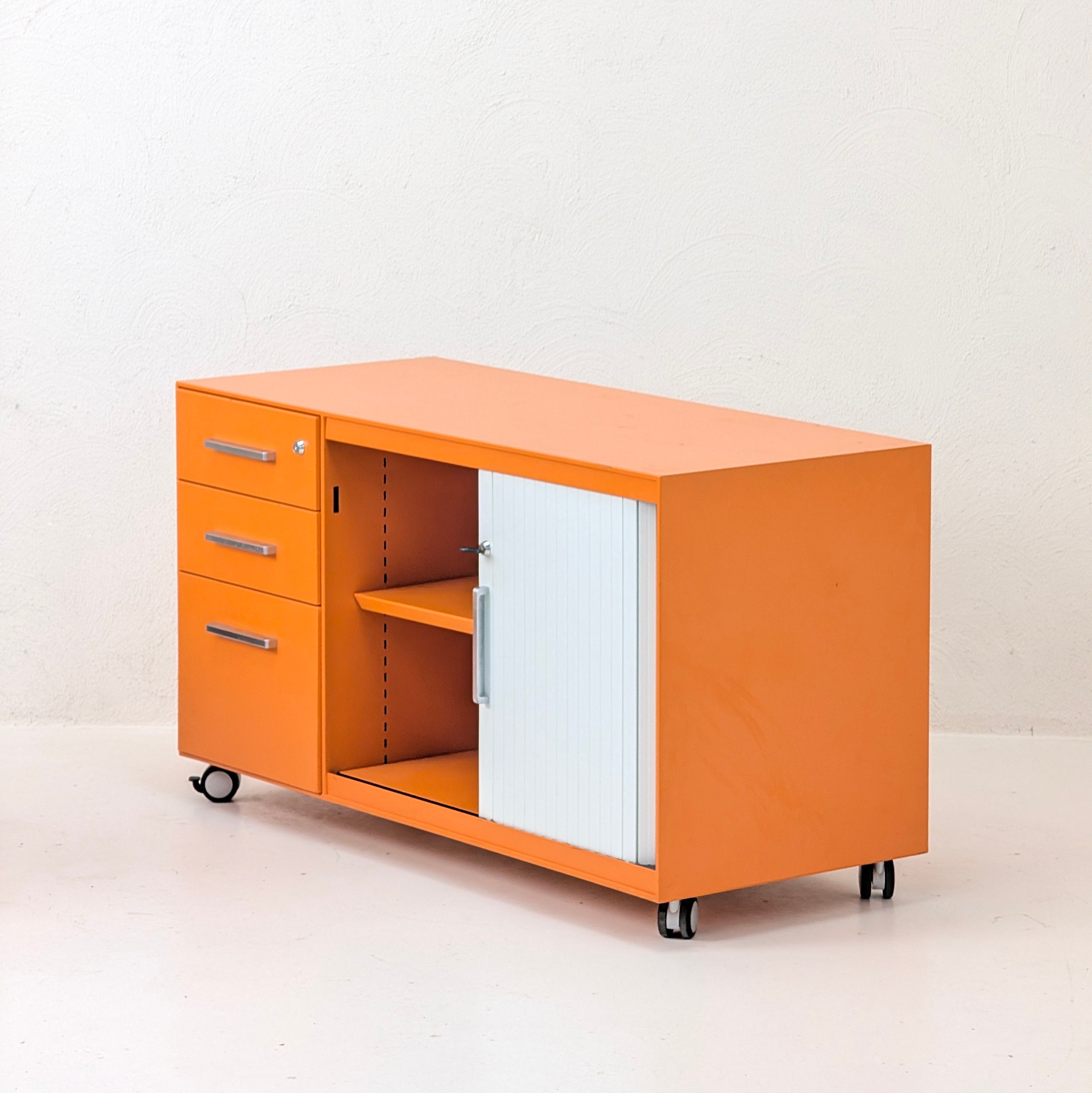 Industrial Mobile Caddy | Orange Steel Tambour Cabinet | Australian Made