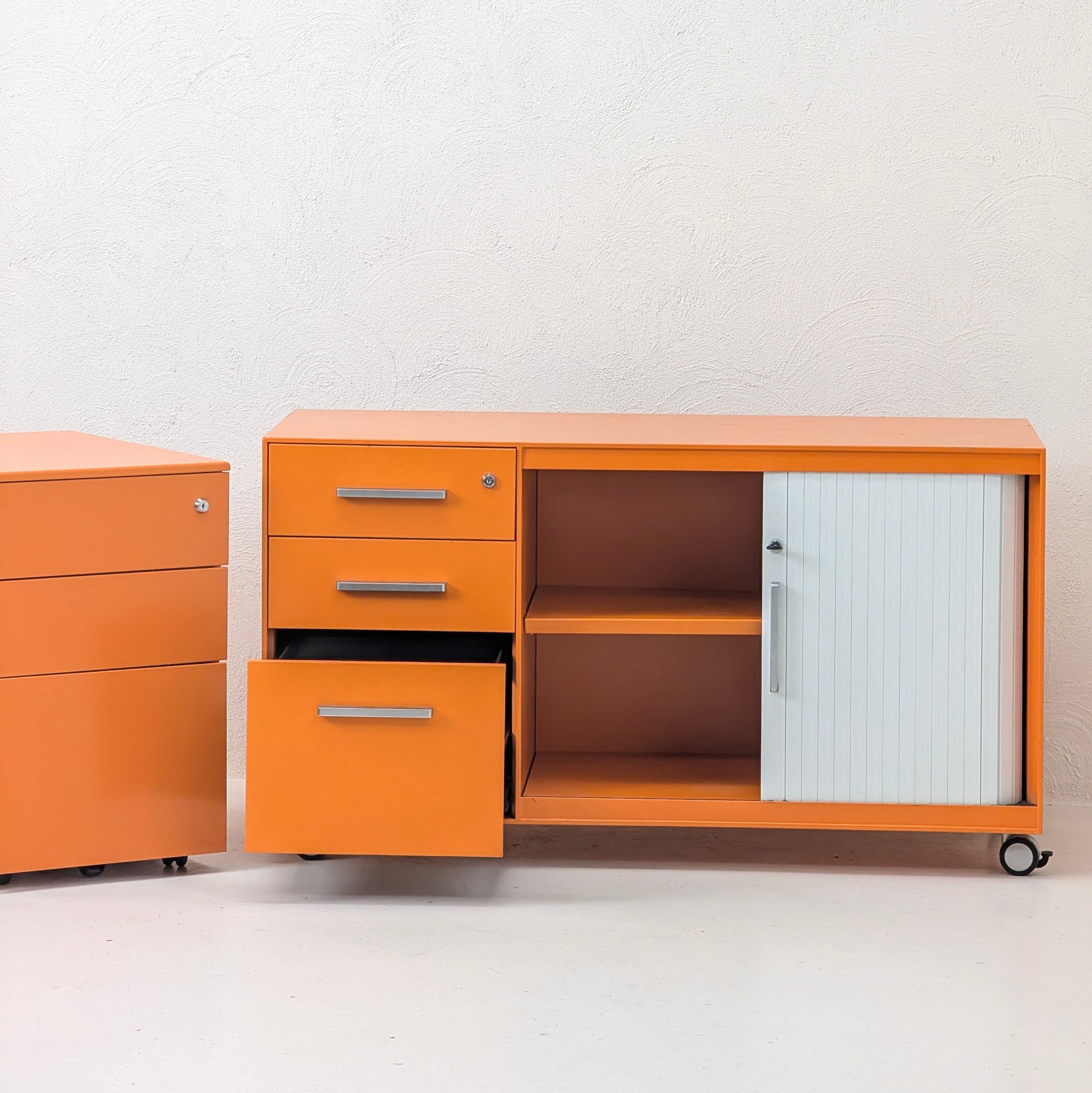 Industrial Mobile Caddy | Orange Steel Tambour Cabinet | Australian Made