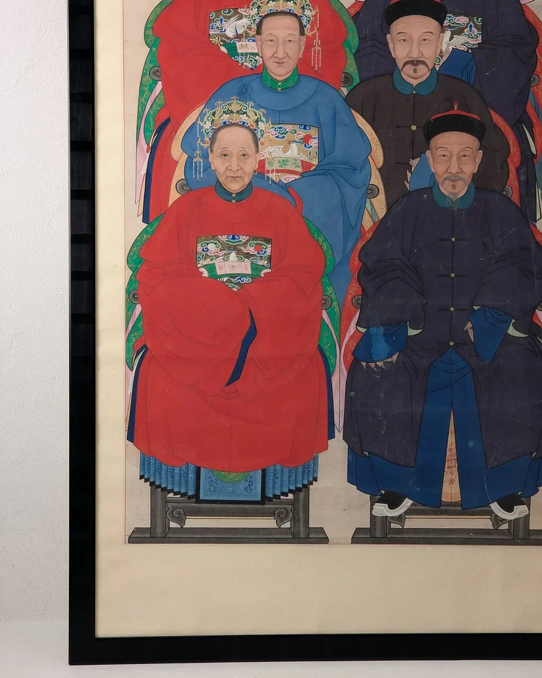 Framed Chinese ancestor portrait painting with elegantly dressed figures in traditional clothing