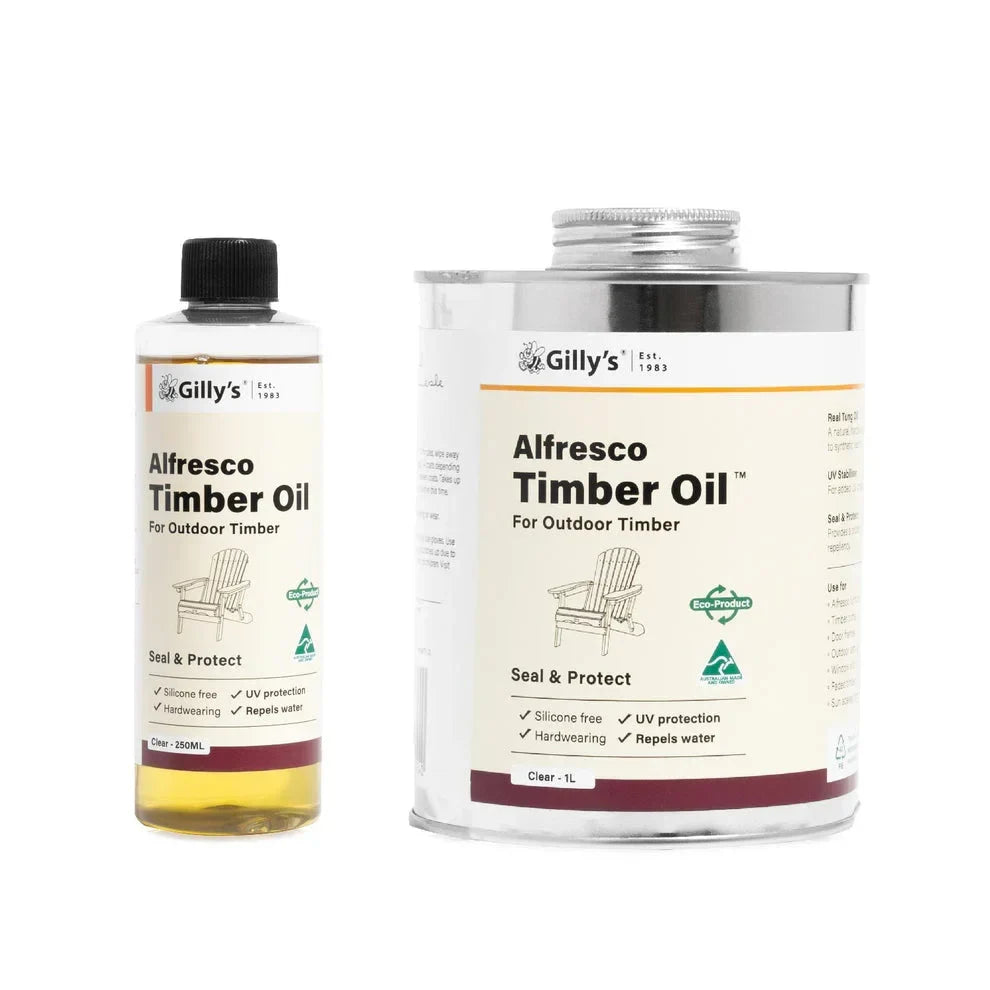 Gilly's Alfresco Timber Oil bottles for outdoor wood protection on white background