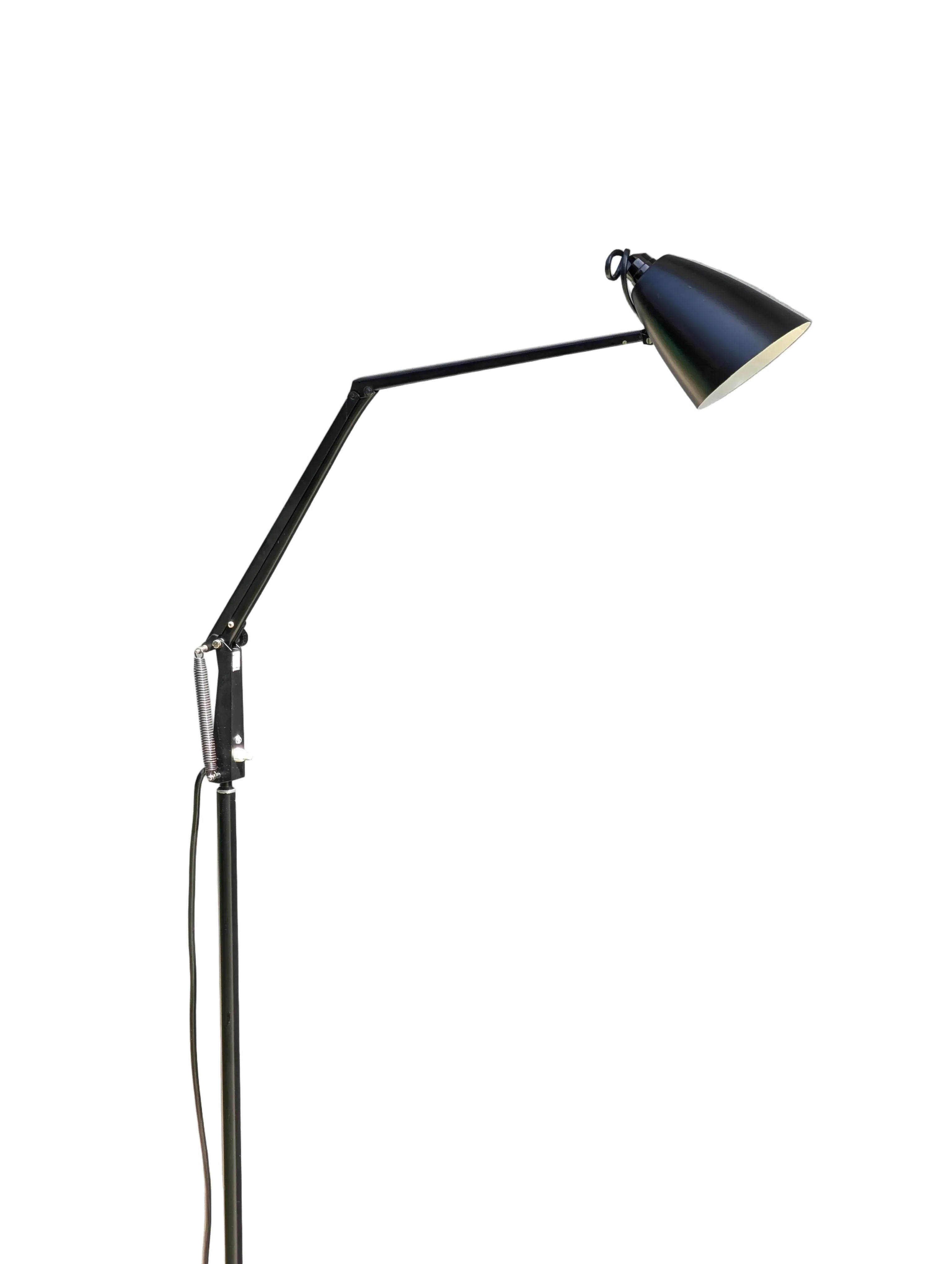 Adjustable black metal floor lamp with angled arm and conical shade on white background