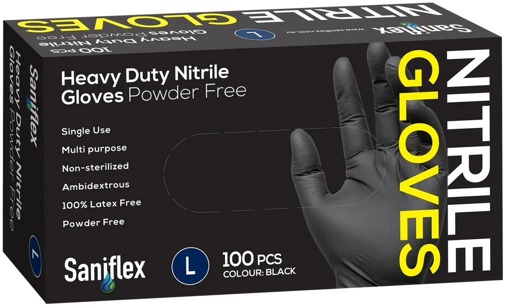 Saniflex black heavy duty nitrile gloves box, powder free, size large, 100 pieces