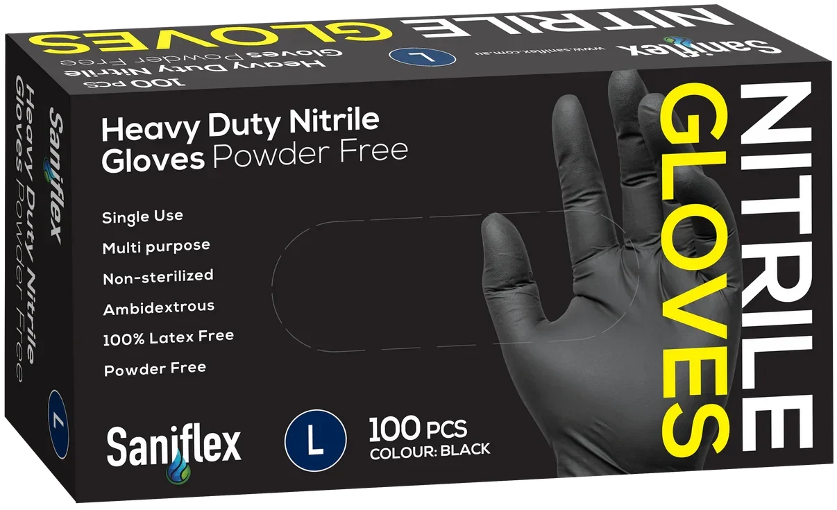 Saniflex black heavy duty nitrile gloves box, powder free, size large, 100 pieces