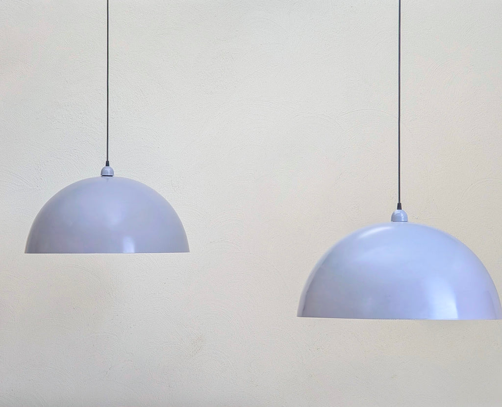 Oversized 62cm Spun Metal Pendant Lights – Dove Grey Enamel (Circa 1980s)