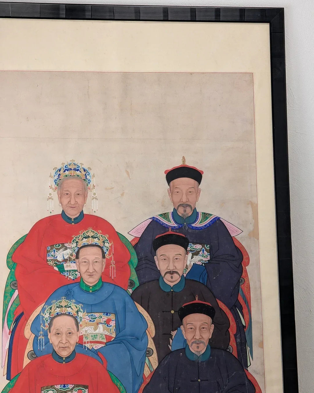Chinese ancestral portrait painting with six elders in traditional robes and ornate hats