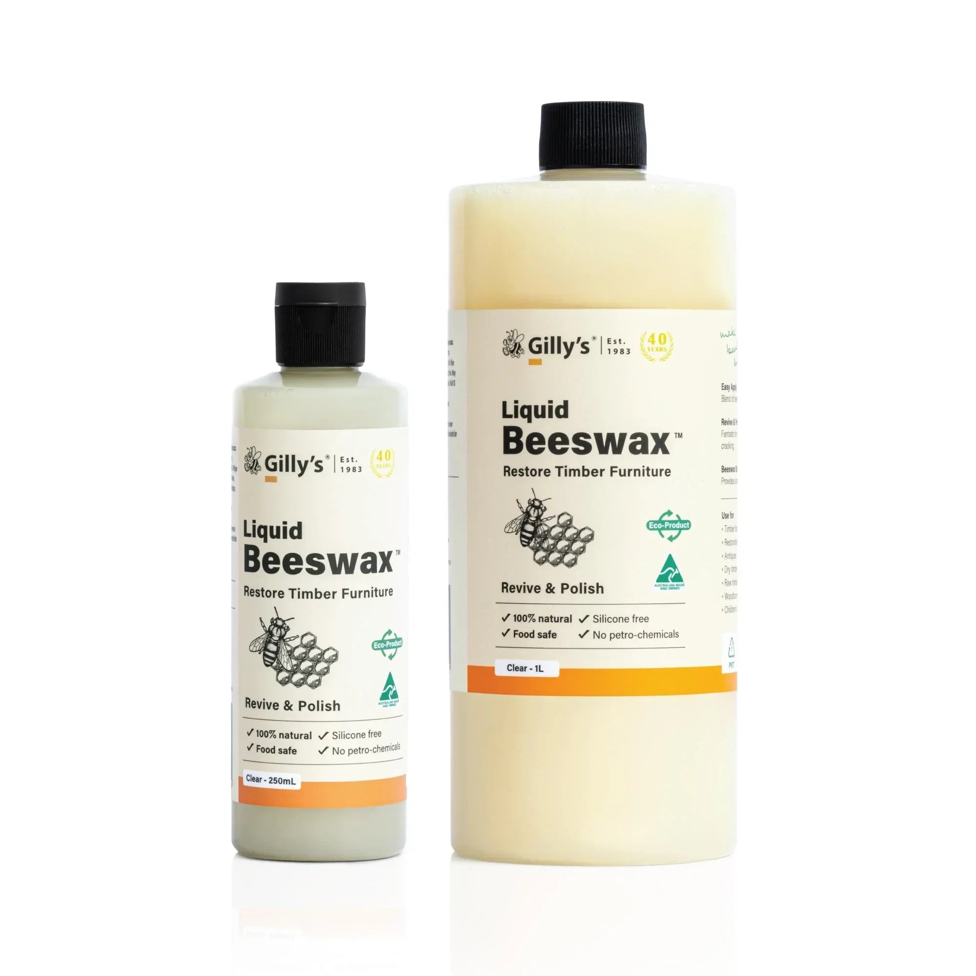 Gilly's Liquid Beeswax bottles for timber furniture restore and polish on white background