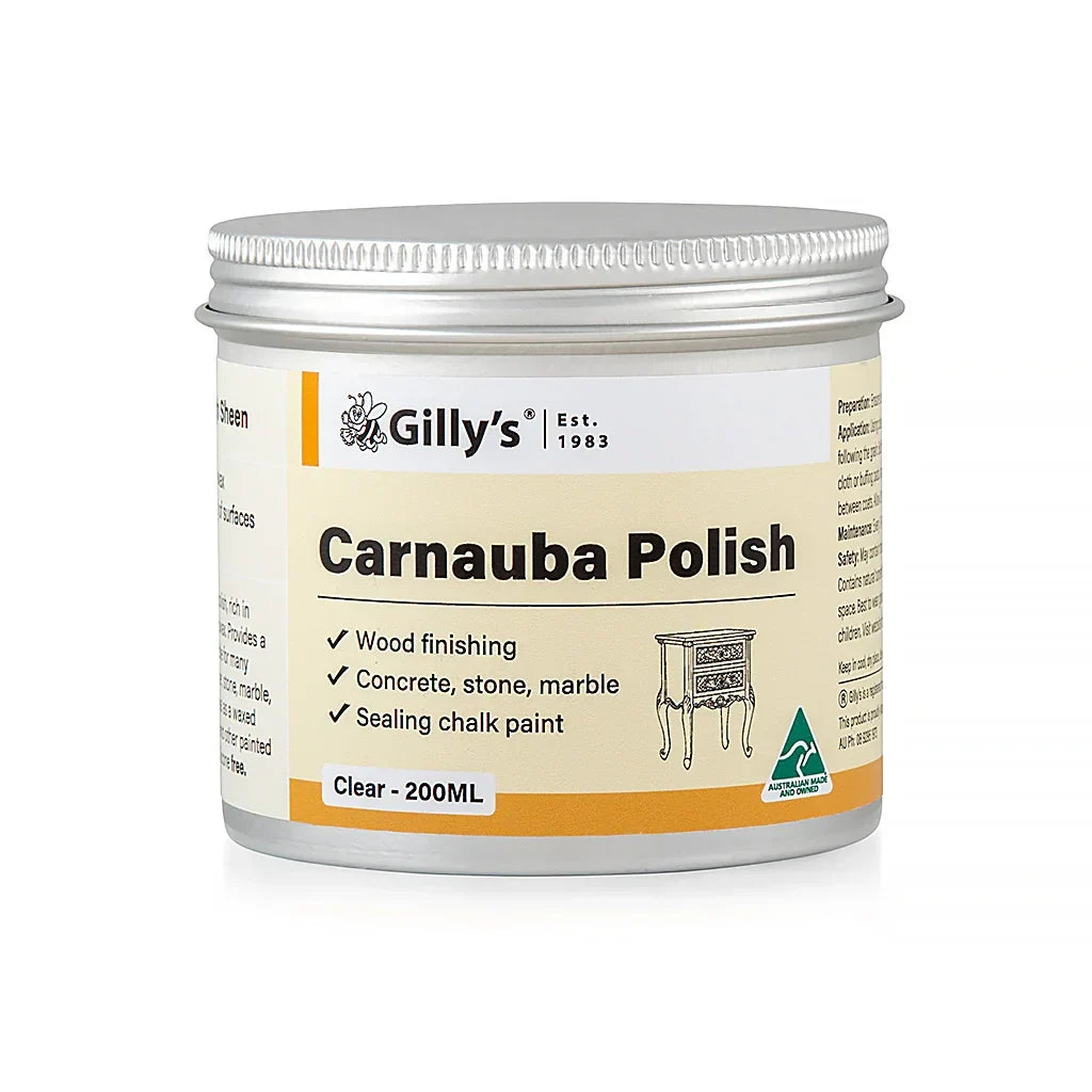 Gilly's Carnauba Polish 200ML tin for wood finishing, stone, marble, and sealing chalk paint