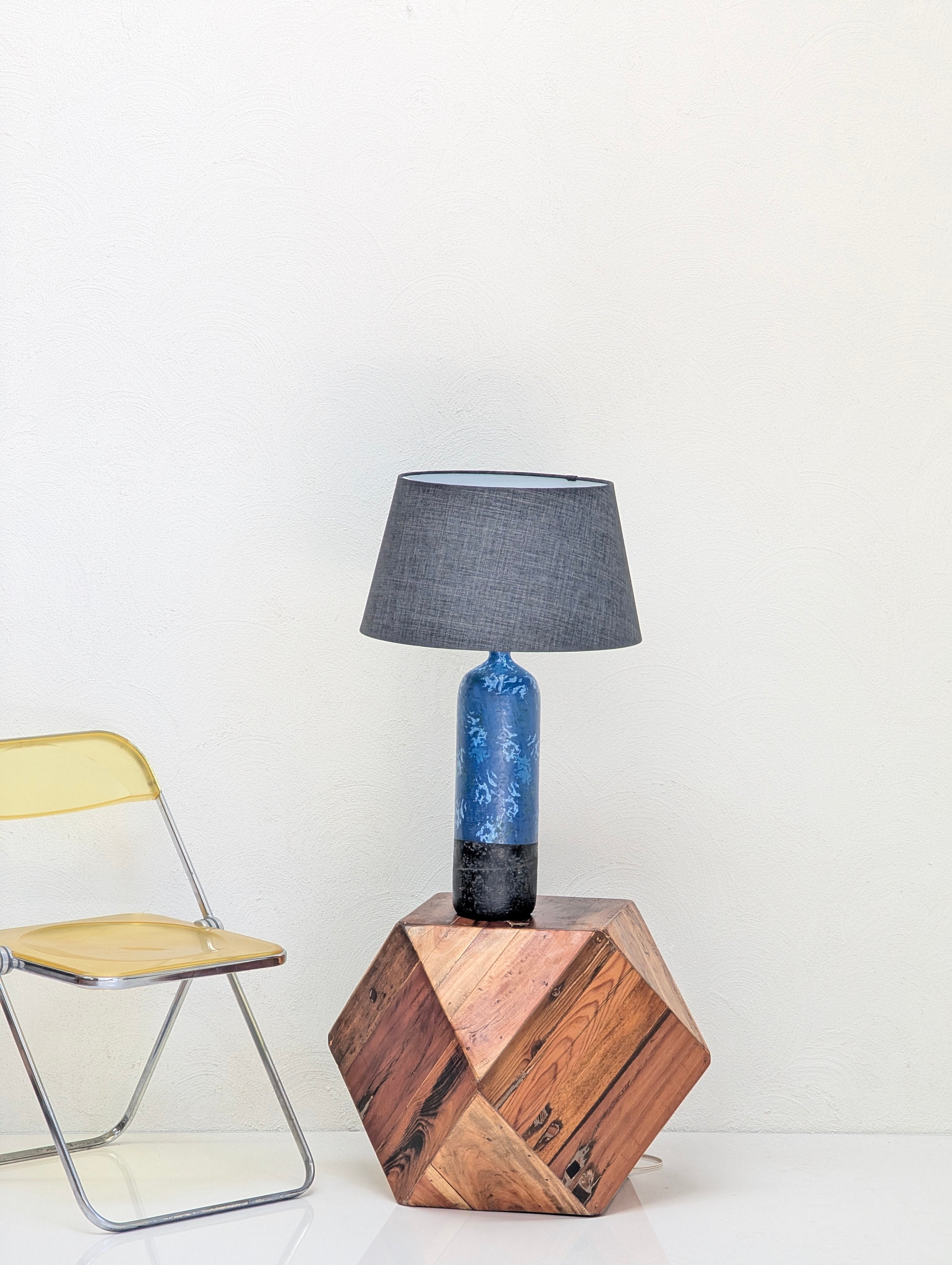 Vintage 1970s Brutalist Cylinder Lamp – Heavy Gauge Steel & Original Blue Glaze