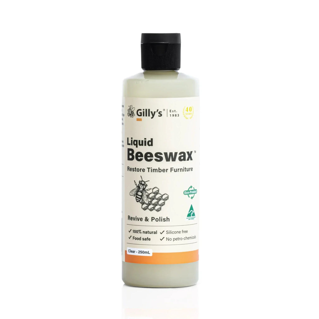 Gilly's Liquid Beeswax bottle for timber furniture restore and polish, 250mL, clear label