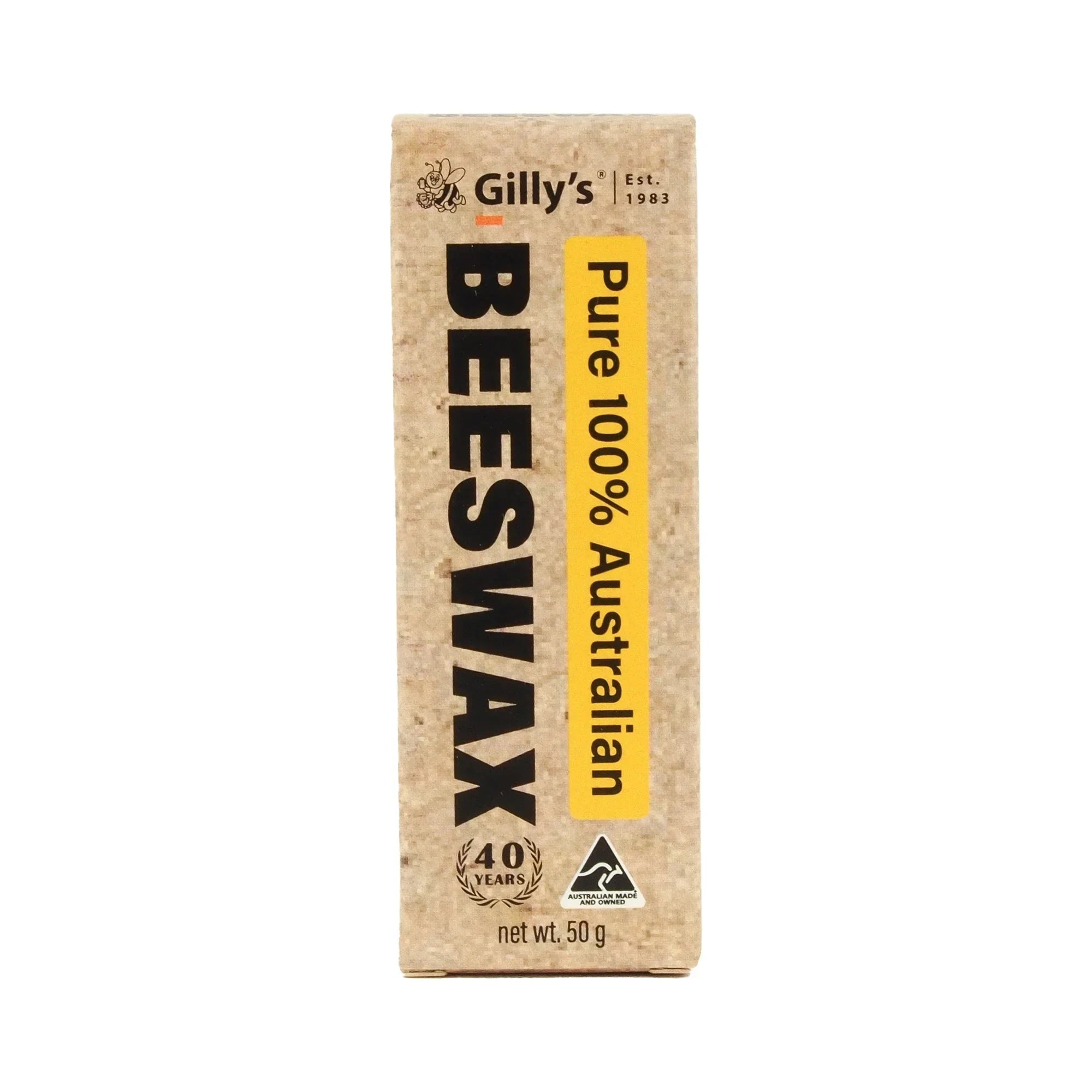Gilly's Pure 100% Australian beeswax box, 50g, brown packaging, front view