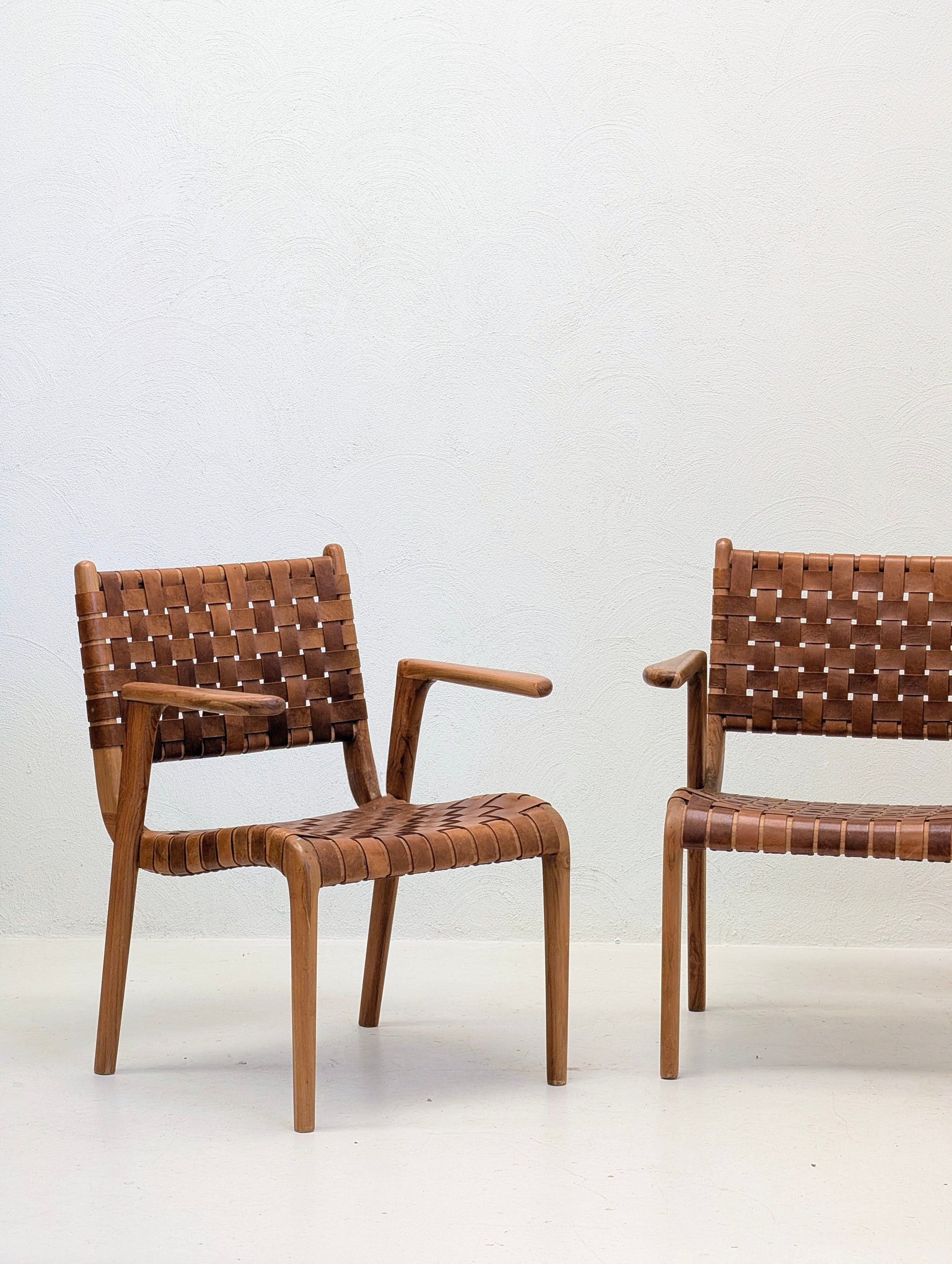 Pair of Vintage Woven Saddle Leather Armchairs