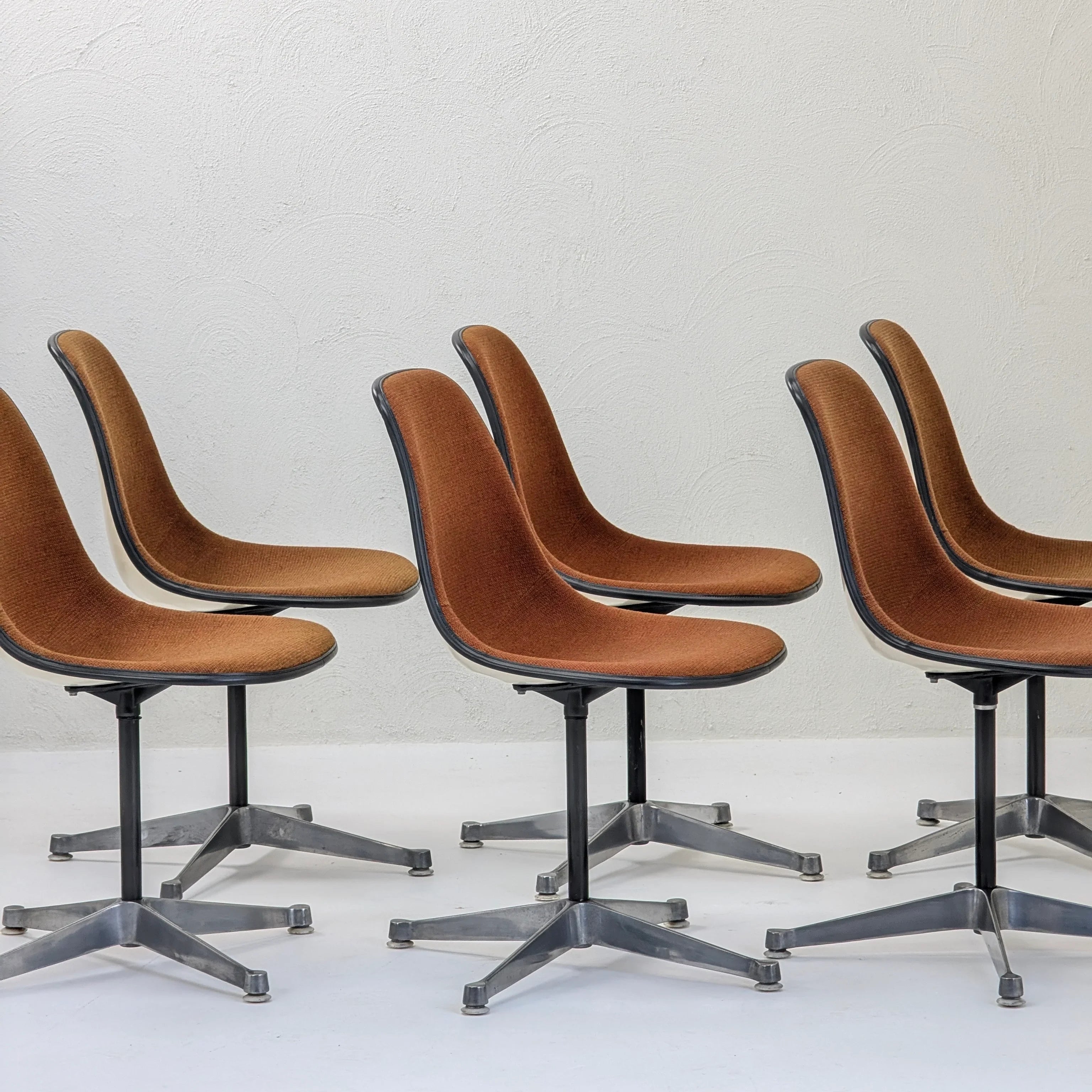 Six mid-century modern brown swivel chairs with metal bases against a white textured wall
