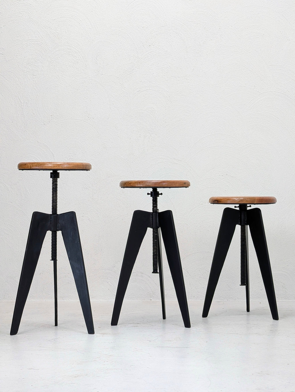 Industrial Adjustable Tripod Stools in Solid Oak and Steel