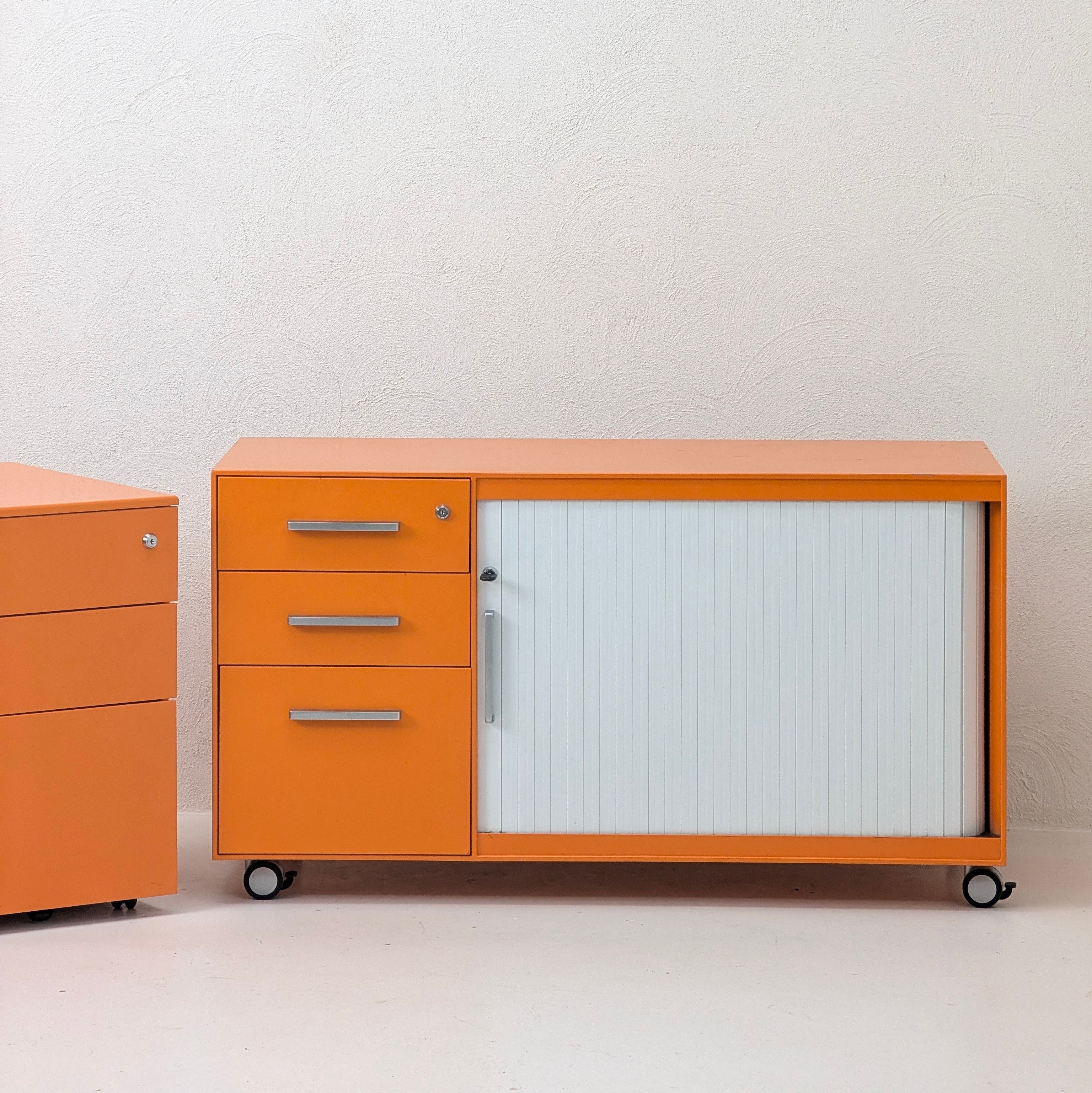 Industrial Mobile Caddy | Orange Steel Tambour Cabinet | Australian Made