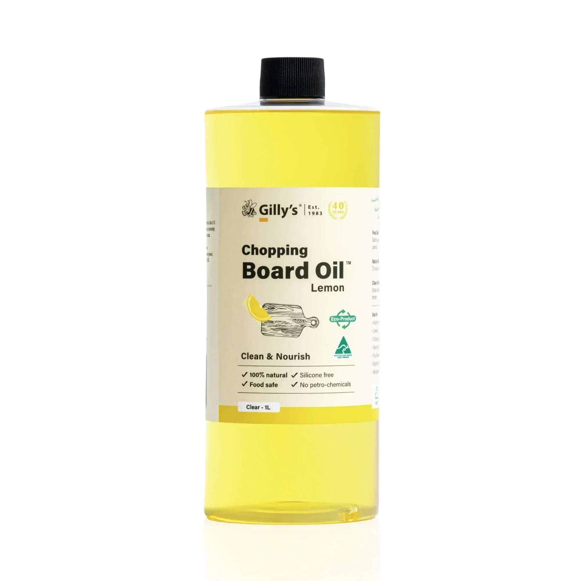 Gilly’s Lemon Chopping Board Oil 1L clear bottle, food safe, natural wood care product