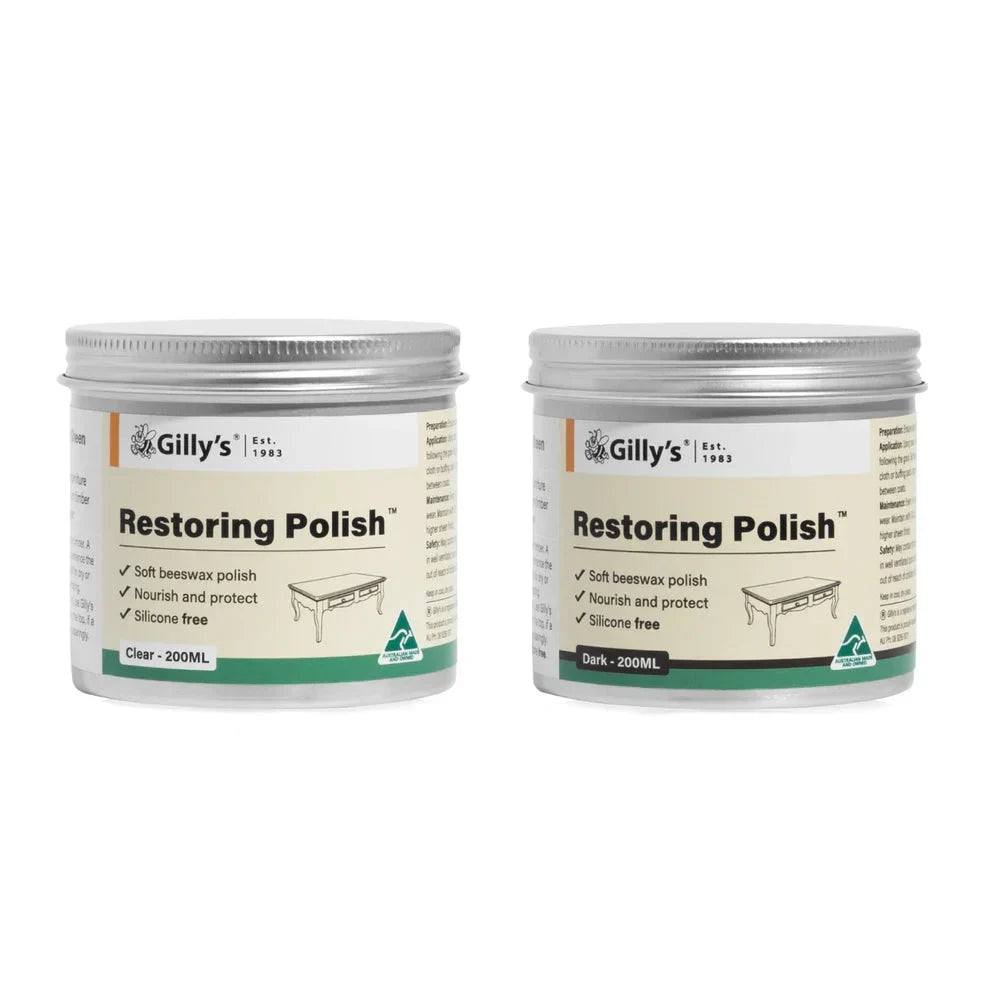 Two jars of Gilly's Restoring Polish soft beeswax for wood furniture, clear and dark, 200ml each