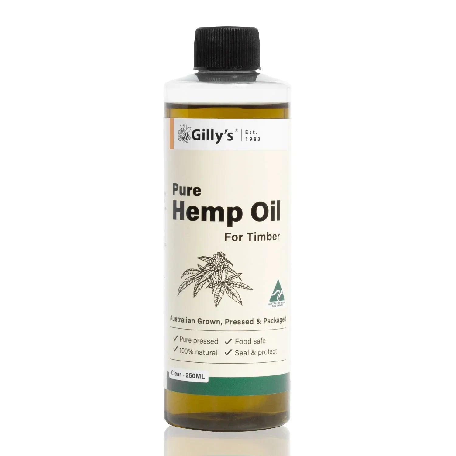 Gilly's Pure Hemp Oil for Timber bottle, 250ml, natural wood finish, Australian product.