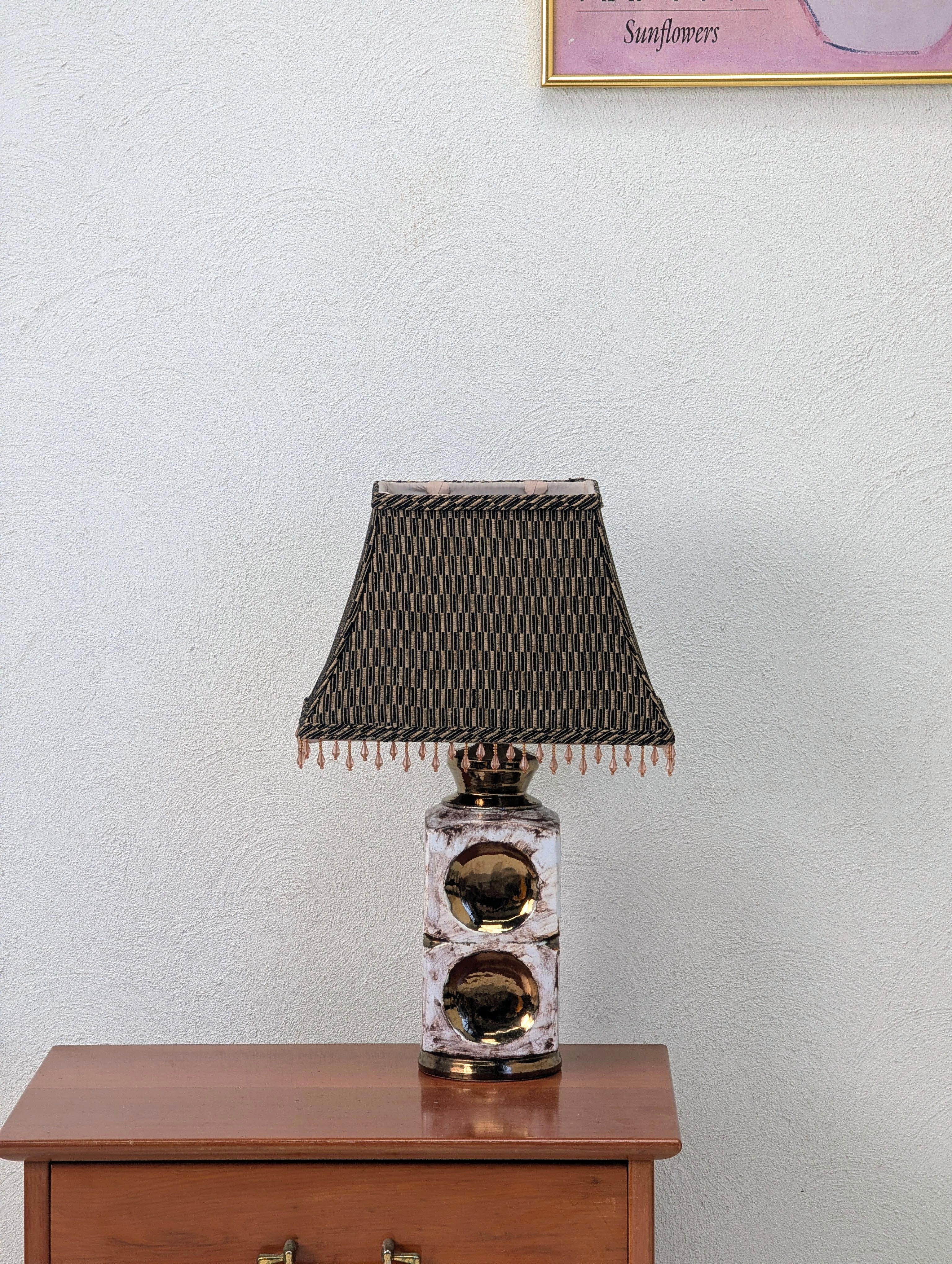 Vintage 1970s Ellis Pottery Ceramic Lamp with Original Beaded Shade