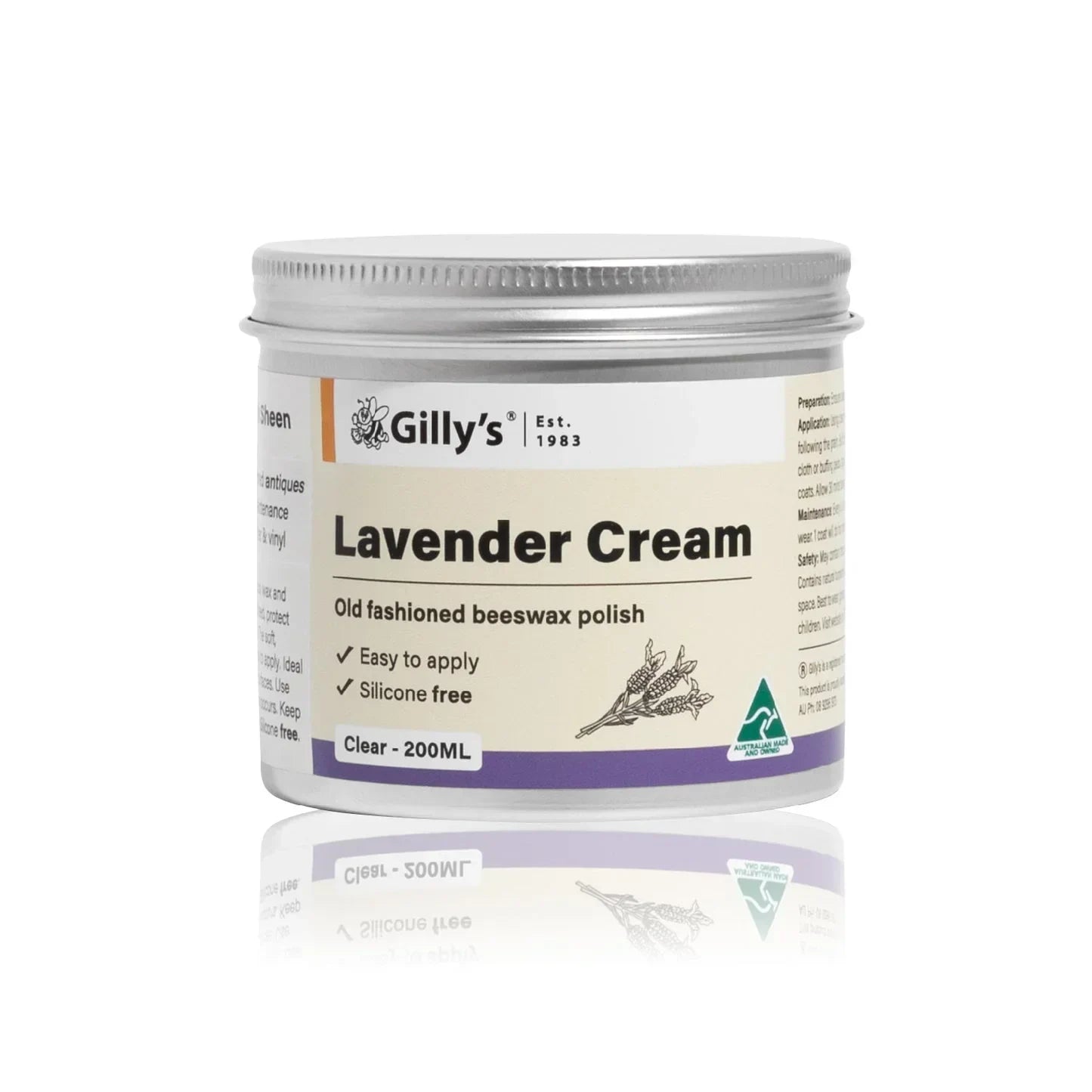Gilly's Lavender Cream beeswax polish jar, 200ml, easy to apply, silicone free, product photo