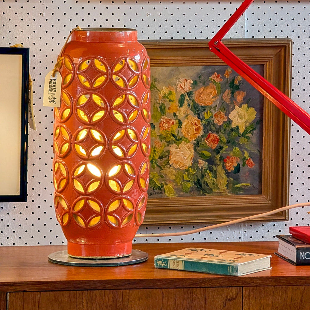 Geometric Glazed Ceramic Column Lamp in Retro Orange Glazed Terracotta