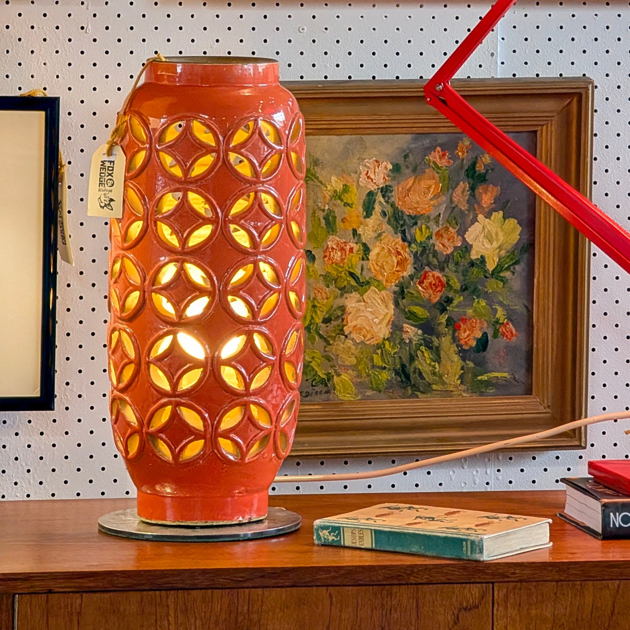 Geometric Glazed Ceramic Column Lamp in Retro Orange Glazed Terracotta