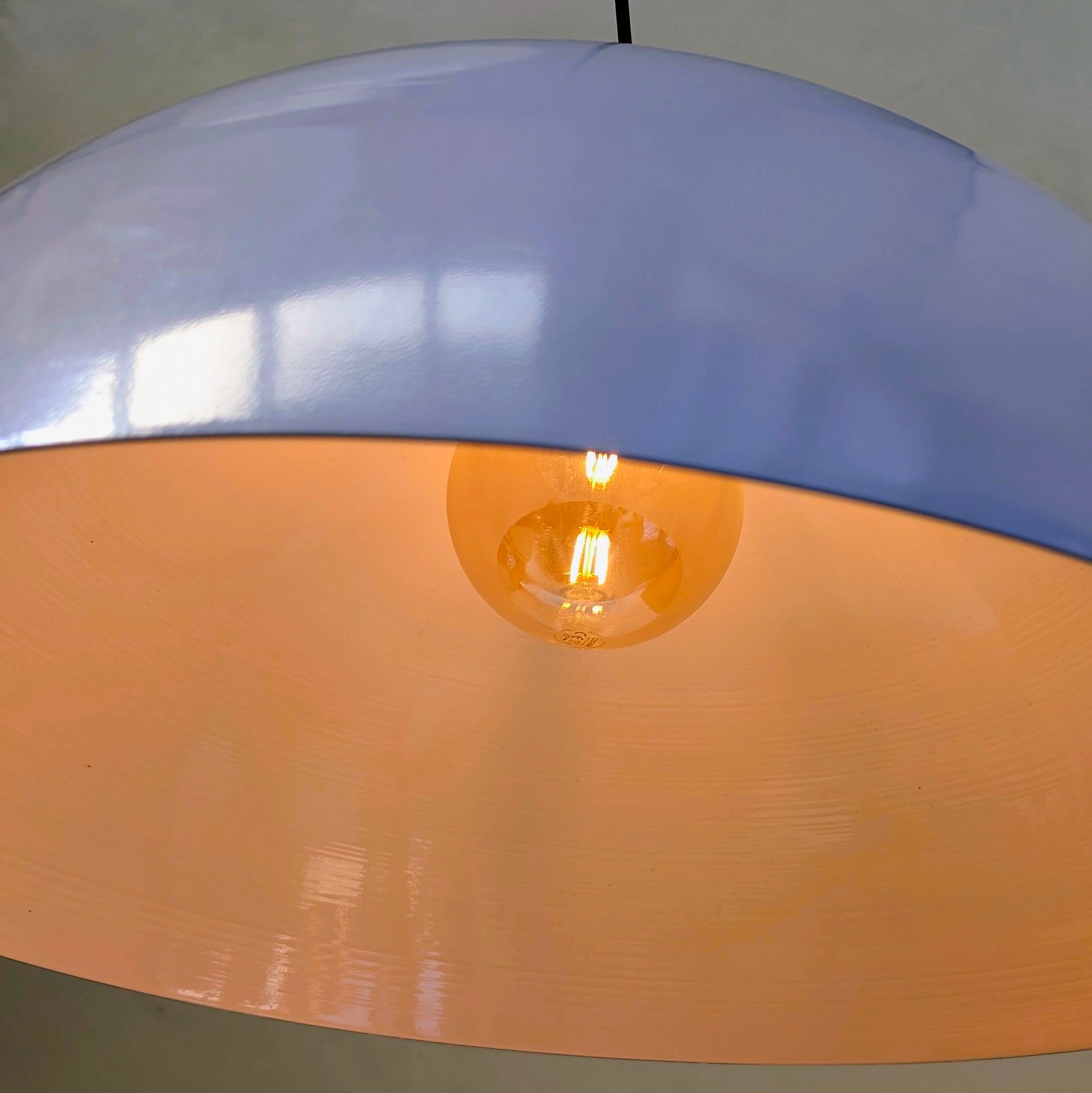 Oversized 62cm Spun Metal Pendant Lights – Dove Grey Enamel (Circa 1980s)