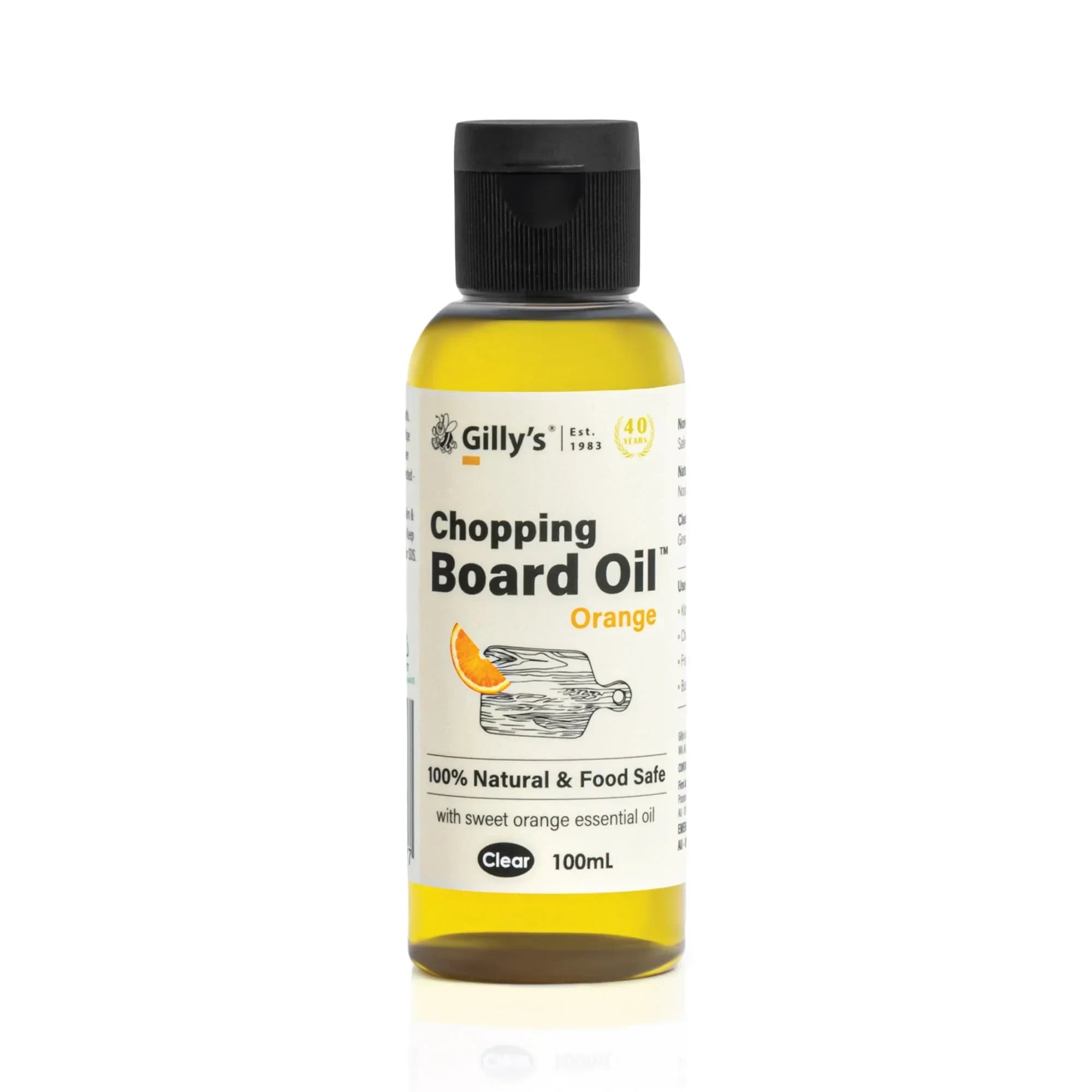 Gilly’s Chopping Board Oil Orange bottle, 100% natural, food safe, 100mL, on white background