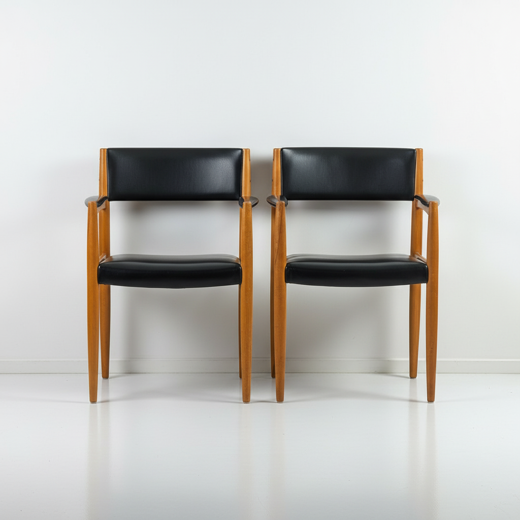 Pair of mid-century modern dining chairs with black leather seats and light wood frames on white background