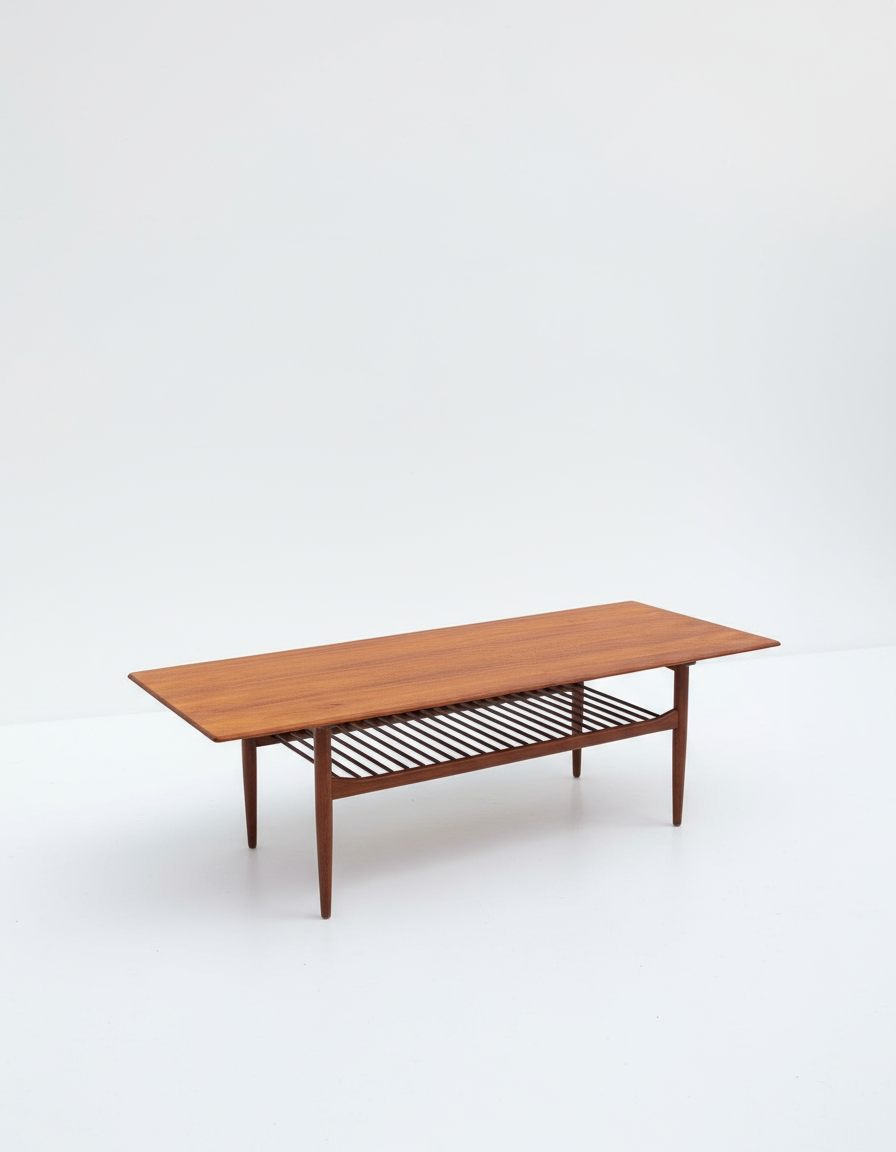 Mid-century modern rectangular teak coffee table with slatted lower shelf and tapered legs