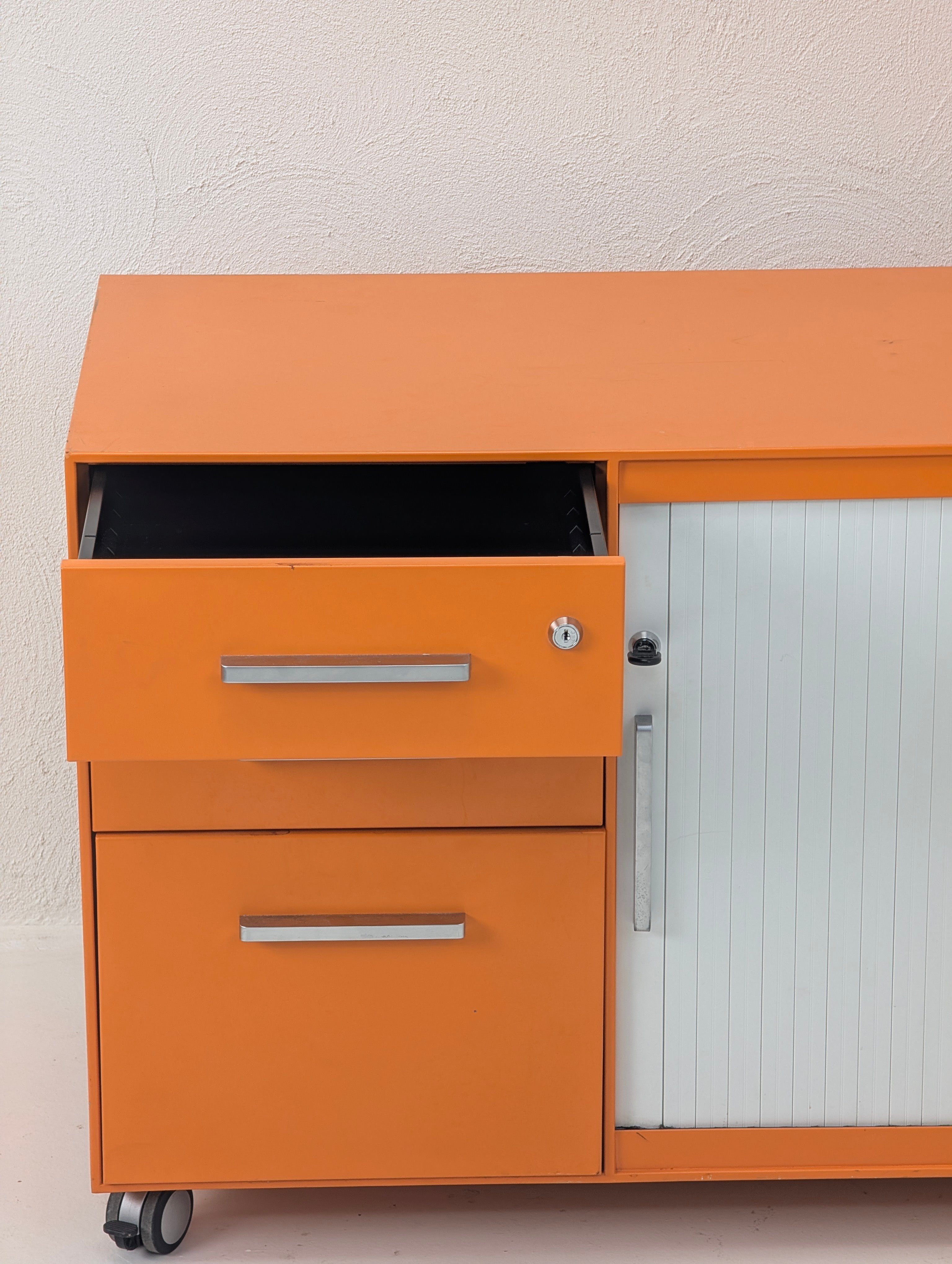 Industrial Mobile Caddy | Orange Steel Tambour Cabinet | Australian Made