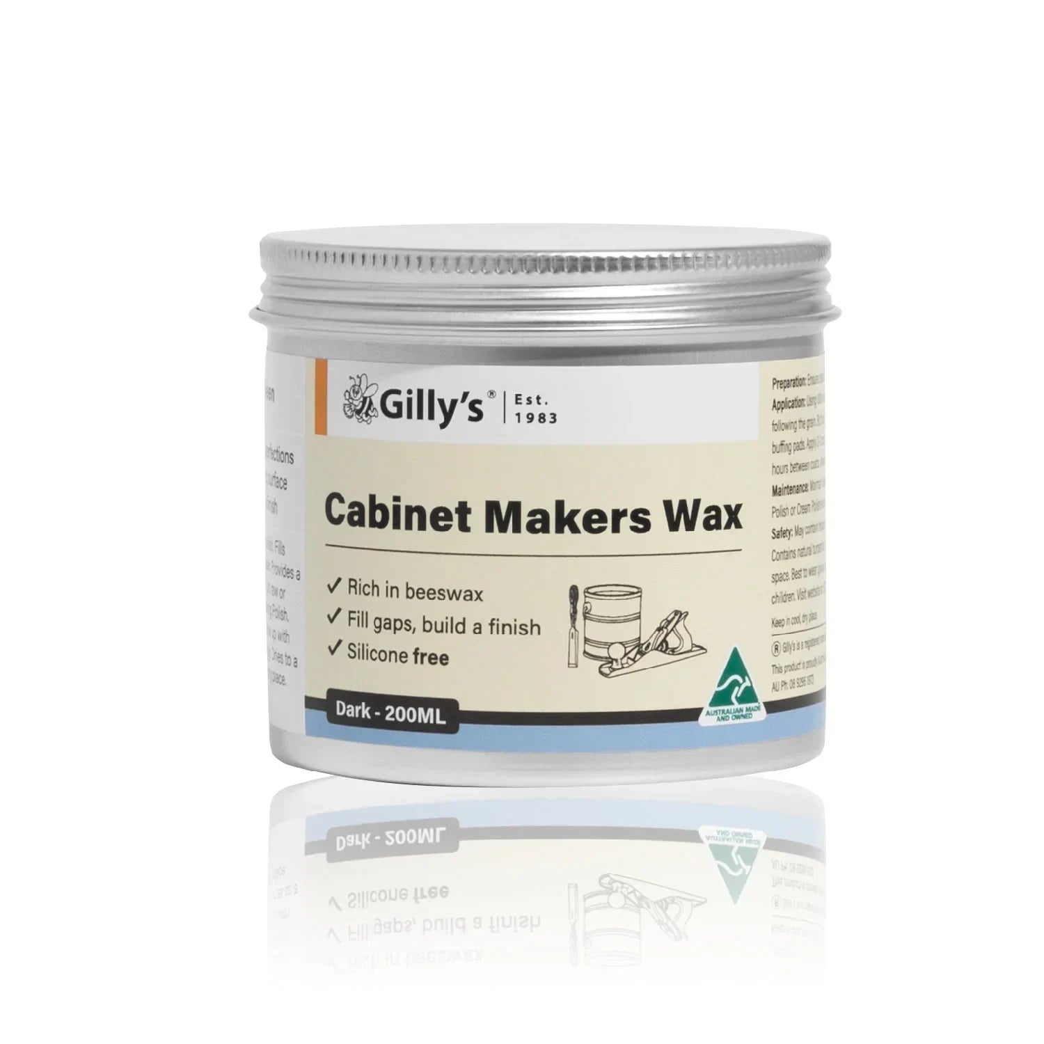Gilly's Cabinet Makers Wax jar, dark 200ml, beeswax wood finish, product on white background