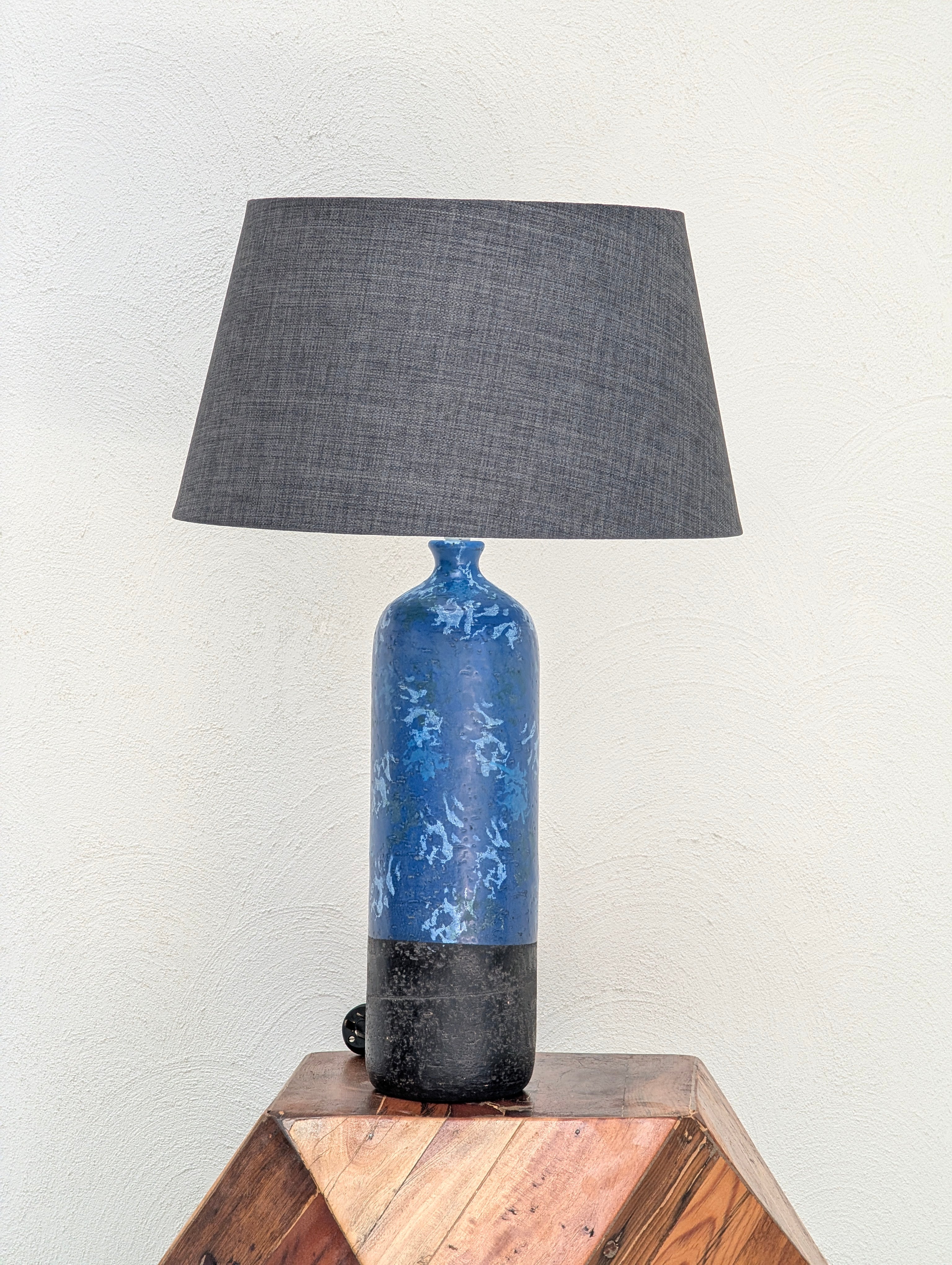 Vintage 1970s Brutalist Cylinder Lamp – Heavy Gauge Steel & Original Blue Glaze