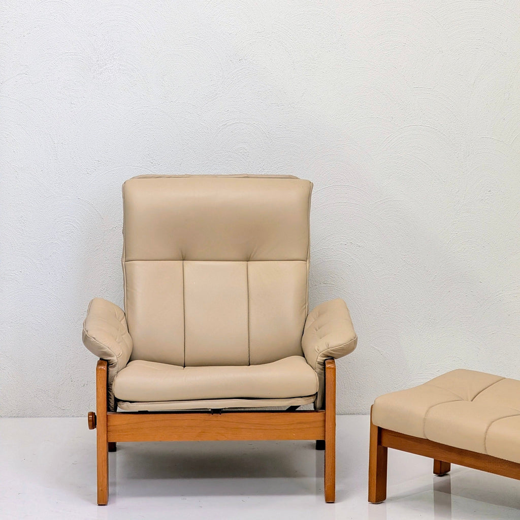 Danish Deluxe High-Back Recliner & Matching Ottoman | Sand Leather