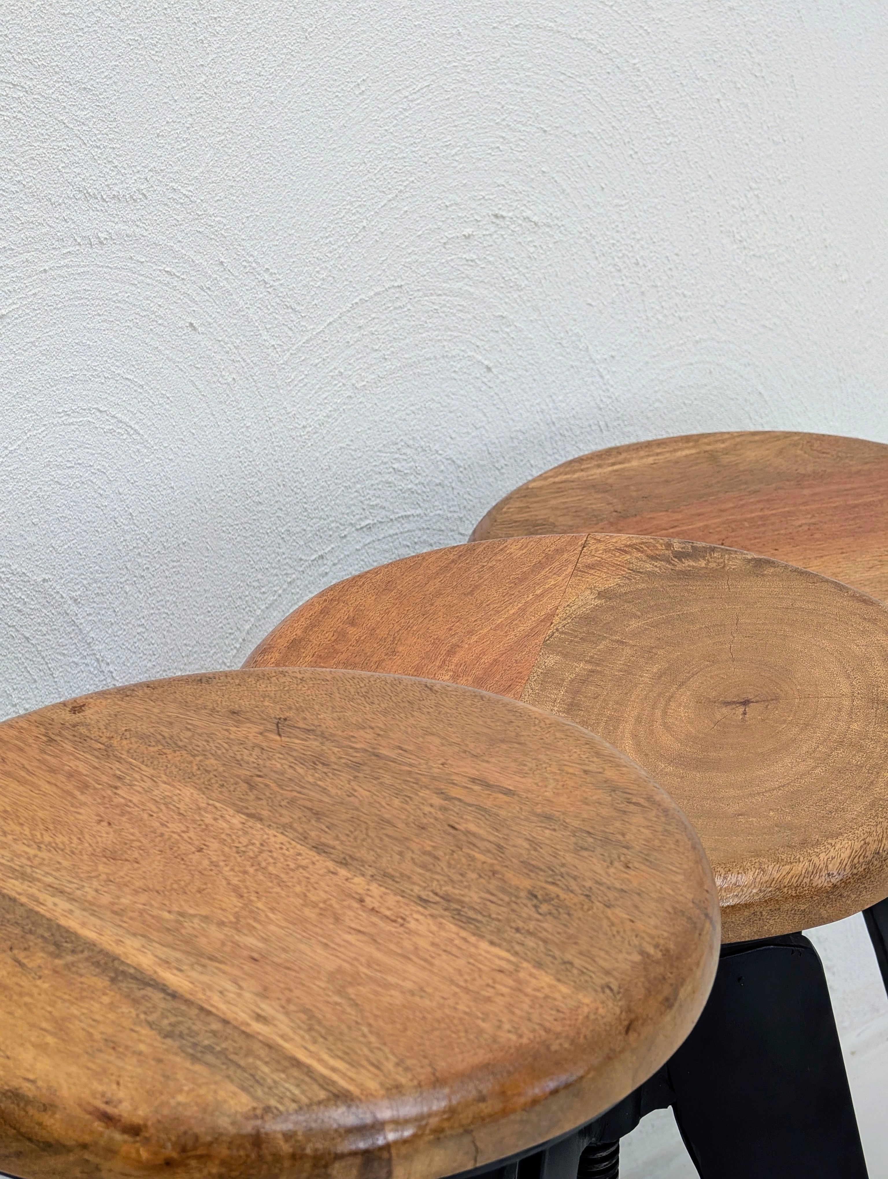 Industrial Adjustable Tripod Stools in Solid Oak and Steel