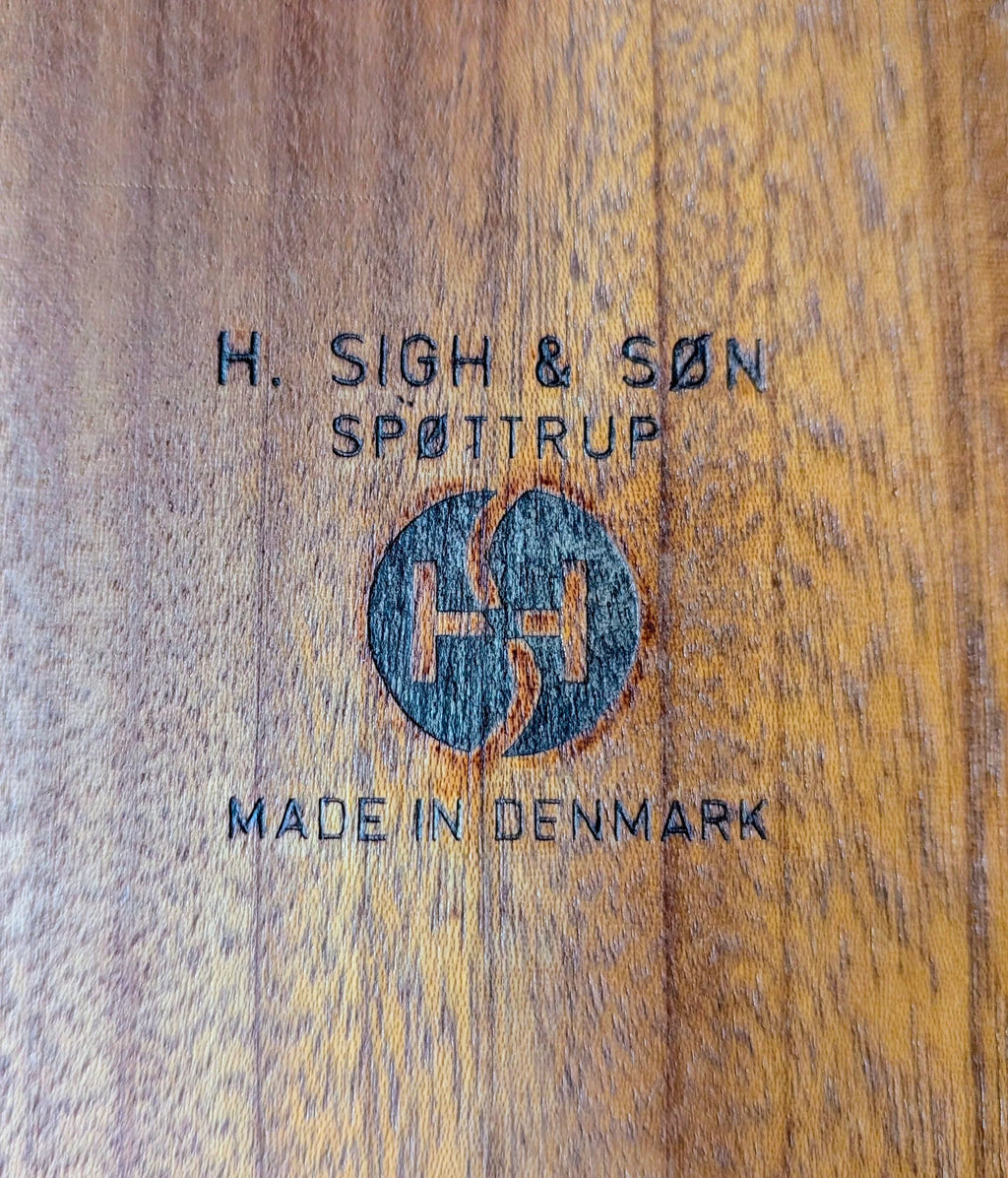 H. Sigh & Søn Spottrup logo stamped on wood with Made in Denmark text