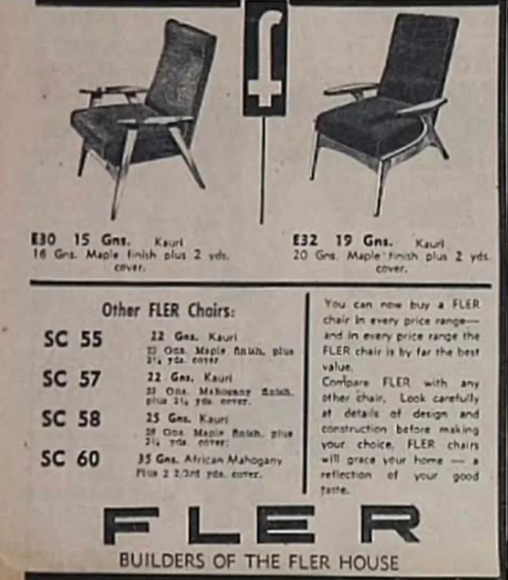 Vintage FLER armchair ad showing mid-century modern wooden chairs with fabric seats and model numbers.
