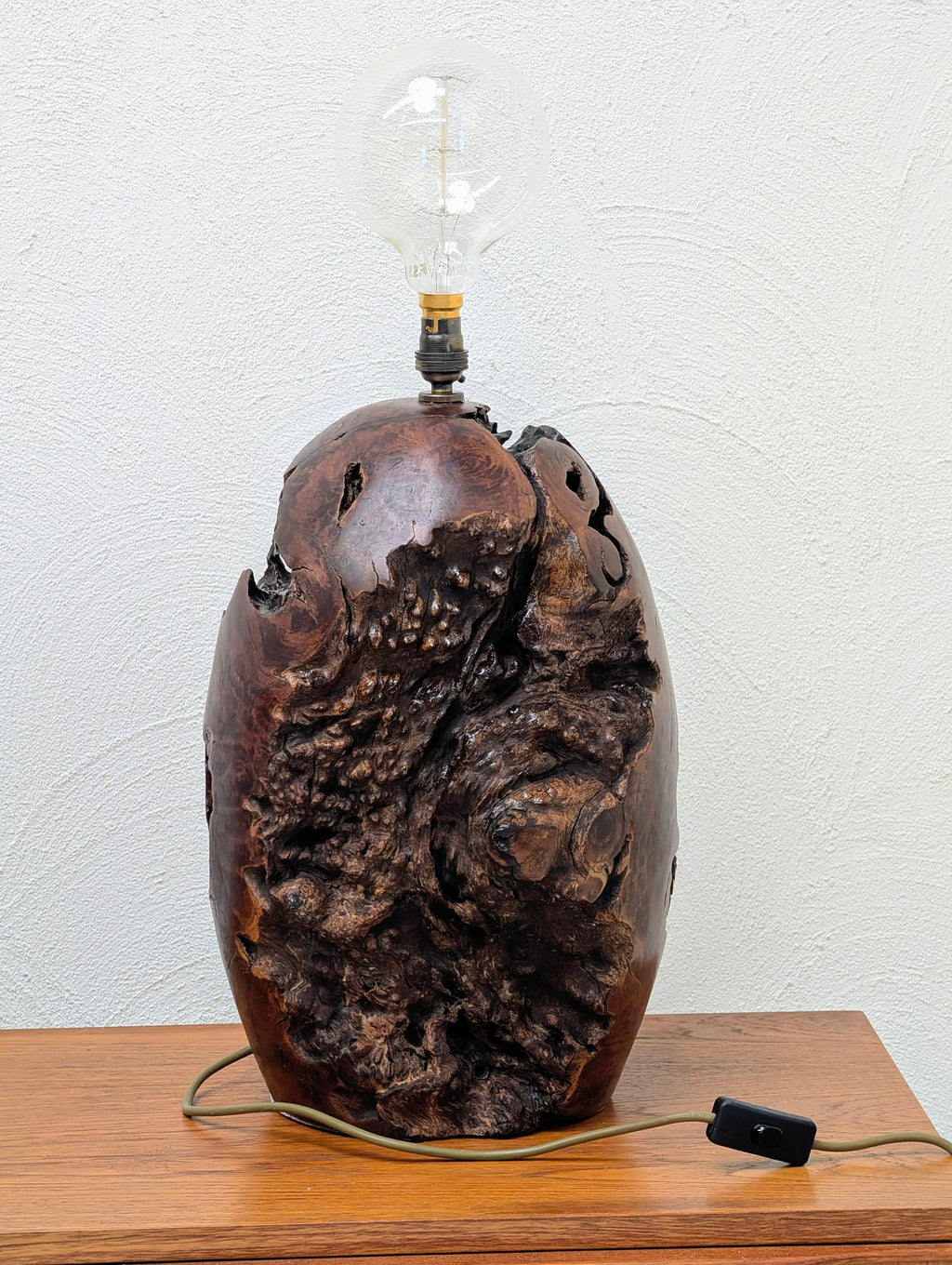 Handmade Burl Wood Table Lamp with Hand Woven Shade, Vintage
