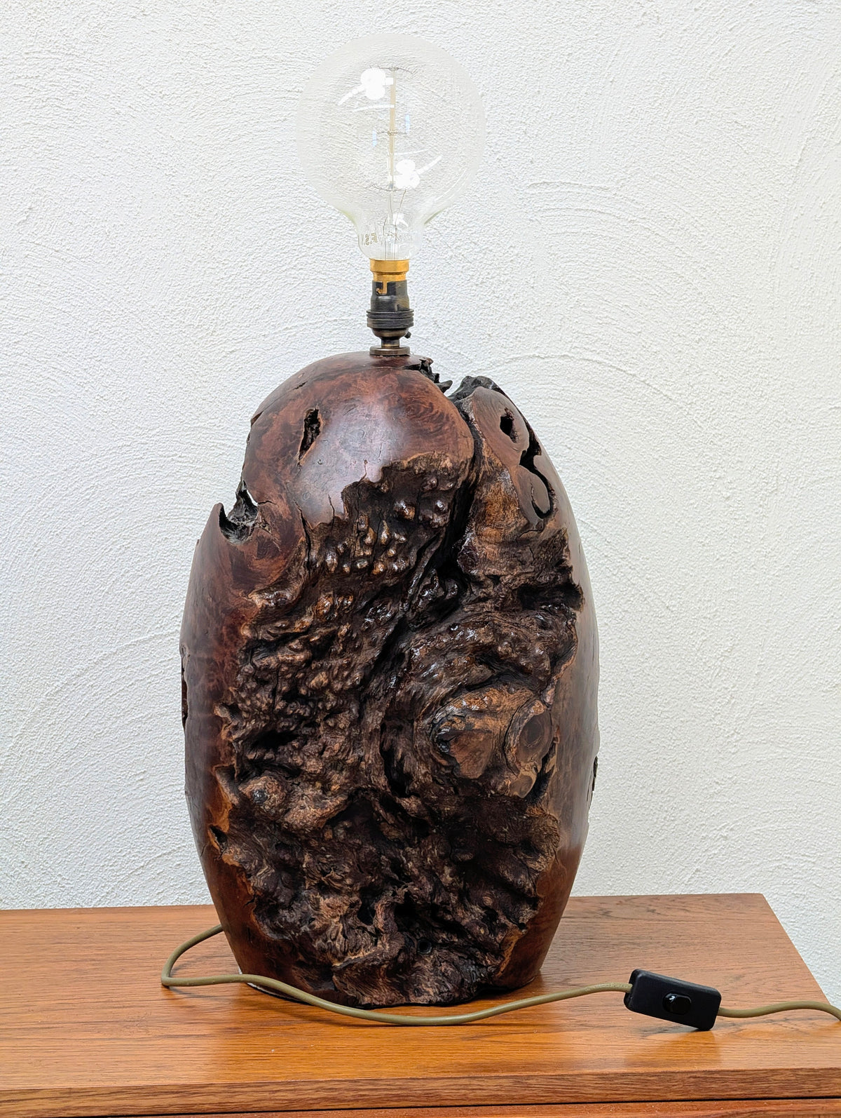 Handmade Burl Wood Table Lamp with Hand Woven Shade, Vintage