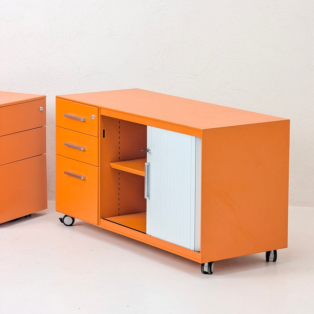 Industrial Mobile Caddy | Orange Steel Tambour Cabinet | Australian Made