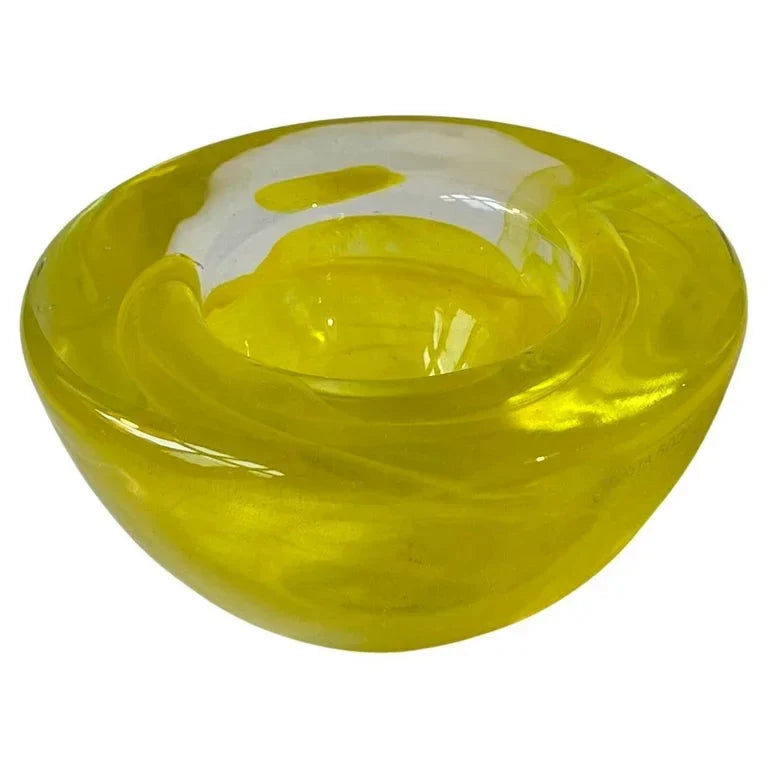 Yellow Murano glass bowl with clear rim, modern decorative centerpiece