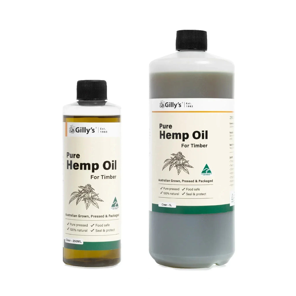 Gilly's Pure Hemp Oil for Timber bottles, food safe wood finish, Australian product