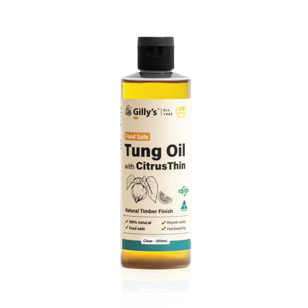 Gilly’s Tung Oil with CitrusThin 250ml bottle, food safe natural timber finish, white background