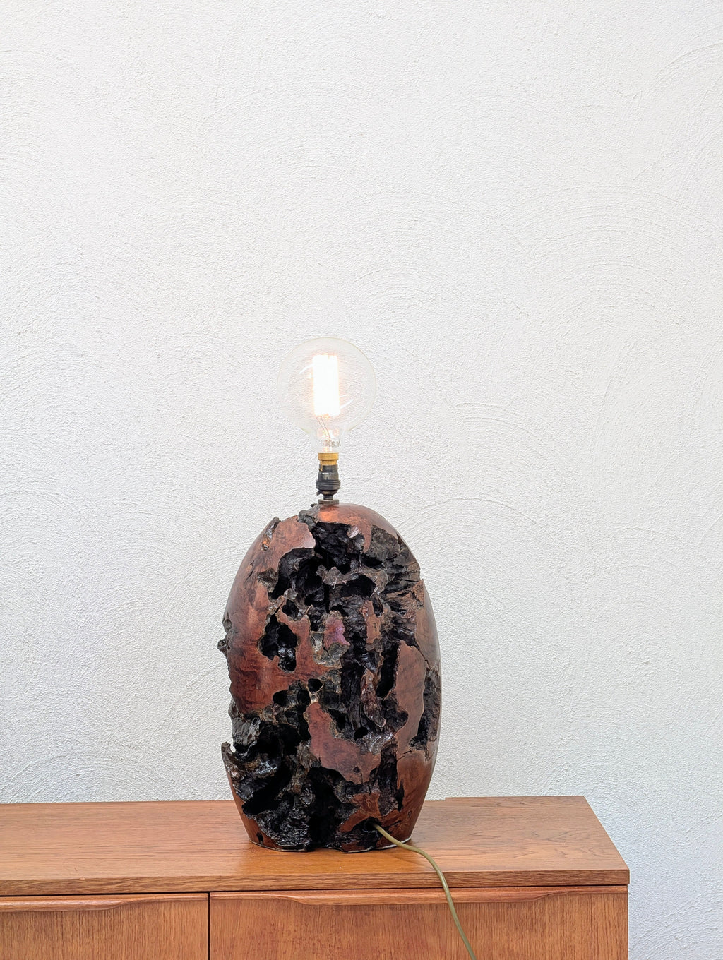 Handmade Burl Wood Table Lamp with Hand Woven Shade, Vintage