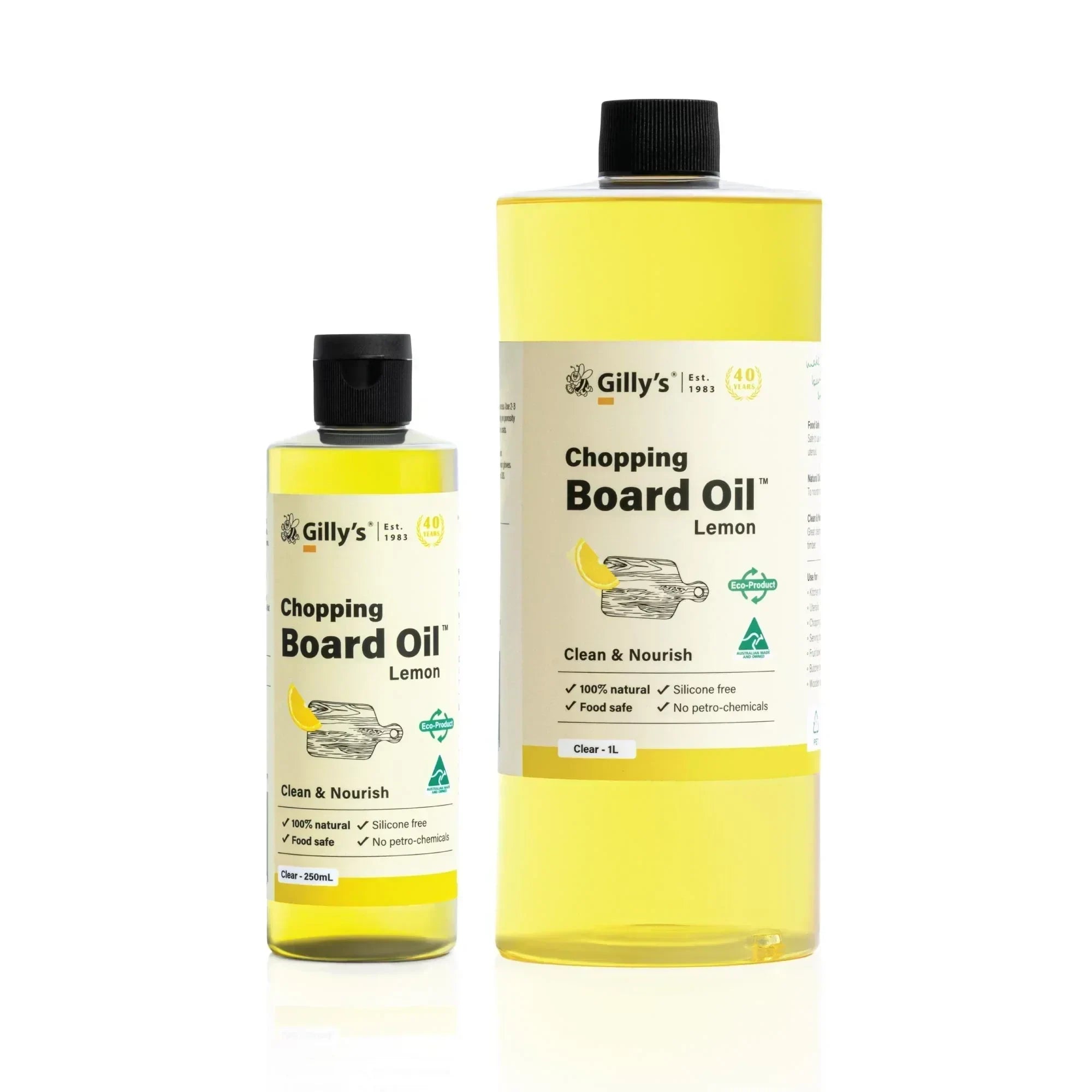 Gilly's lemon chopping board oil bottles, food safe wood care product on white background
