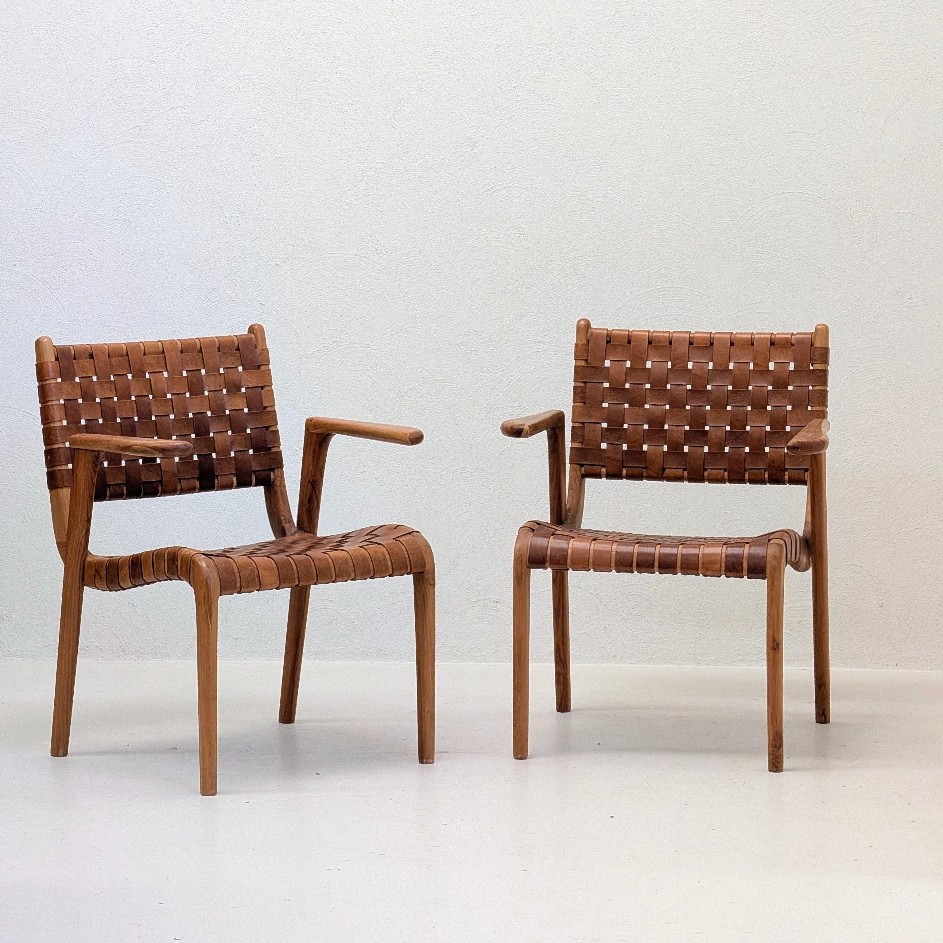Pair of Vintage Woven Saddle Leather Armchairs