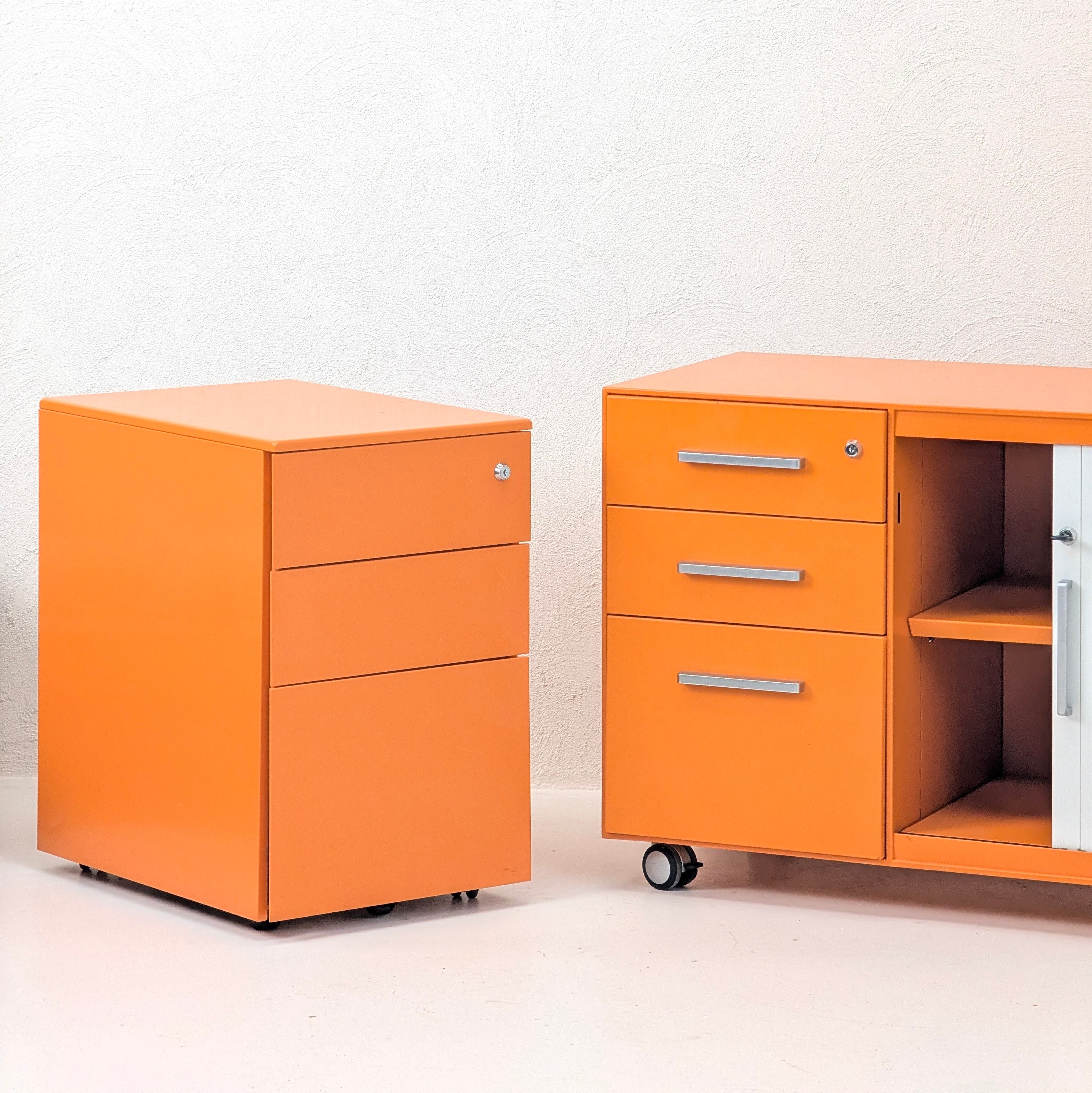 Industrial Mobile Pedestal | 3 Drawer Steel File Cabinet | Electric Orange