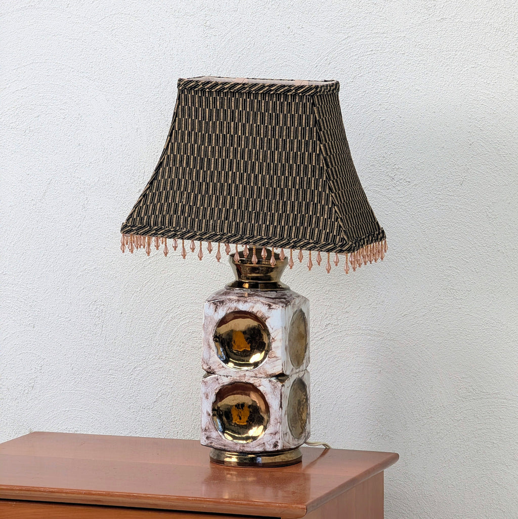 Vintage 1970s Ellis Pottery Ceramic Lamp with Original Beaded Shade